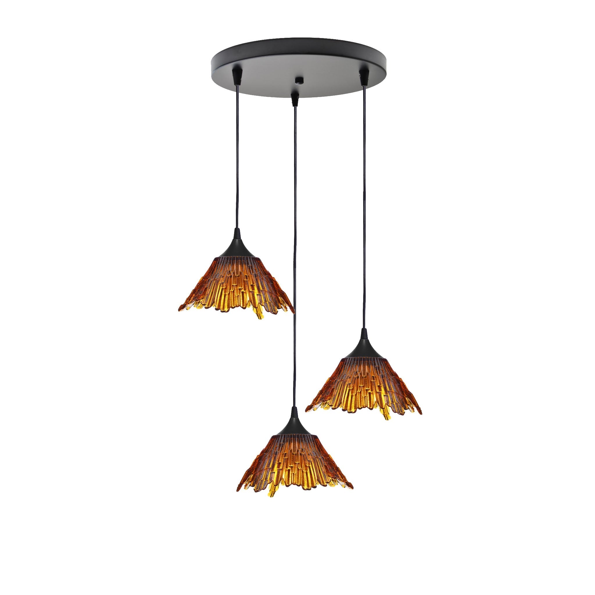 212 3 Pendant Cascade Chandelier-Glass-Bicycle Glass Co - Hotshop-Matte Black - 4ft Downrod-Golden Amber-Bicycle Glass Co