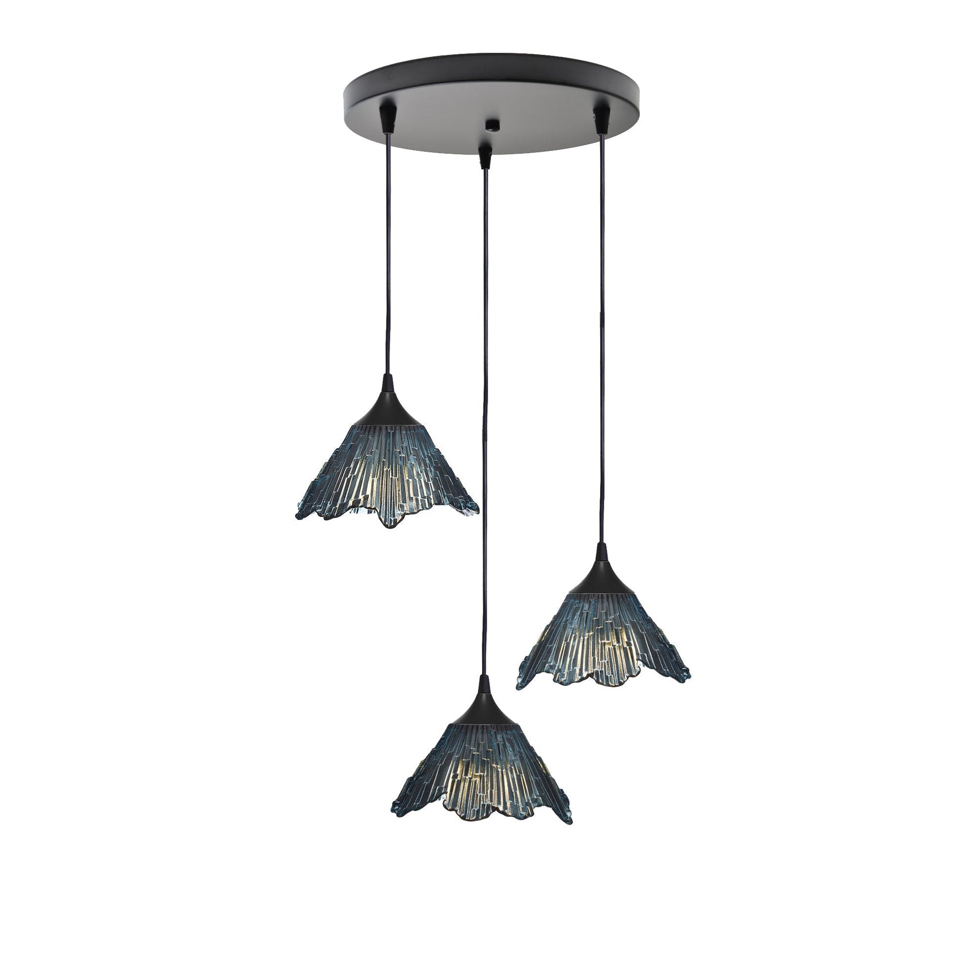 212 3 Pendant Cascade Chandelier-Glass-Bicycle Glass Co - Hotshop-Matte Black - 4ft Downrod-Slate Gray-Bicycle Glass Co