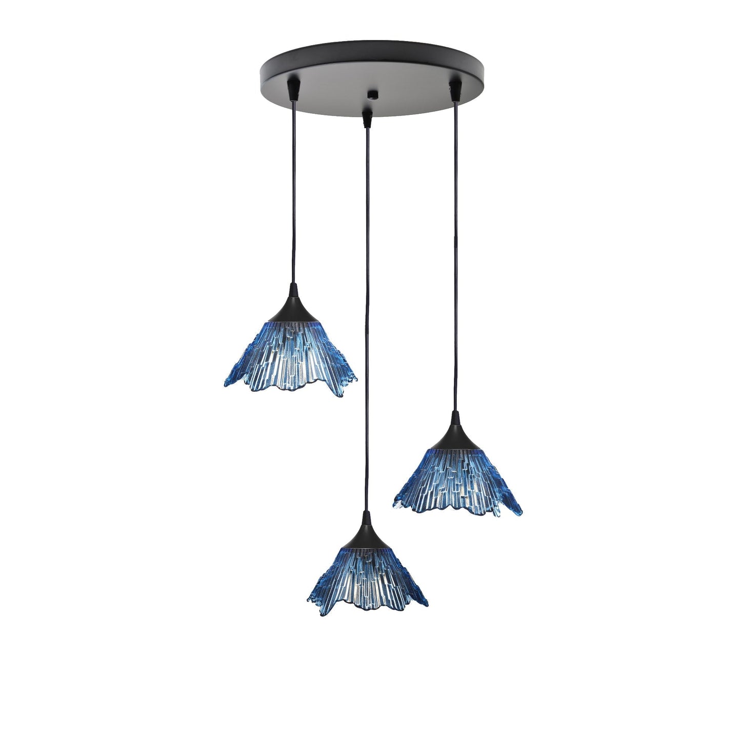 212 3 Pendant Cascade Chandelier-Glass-Bicycle Glass Co - Hotshop-Matte Black - 8ft Downrod-Steel Blue-Bicycle Glass Co