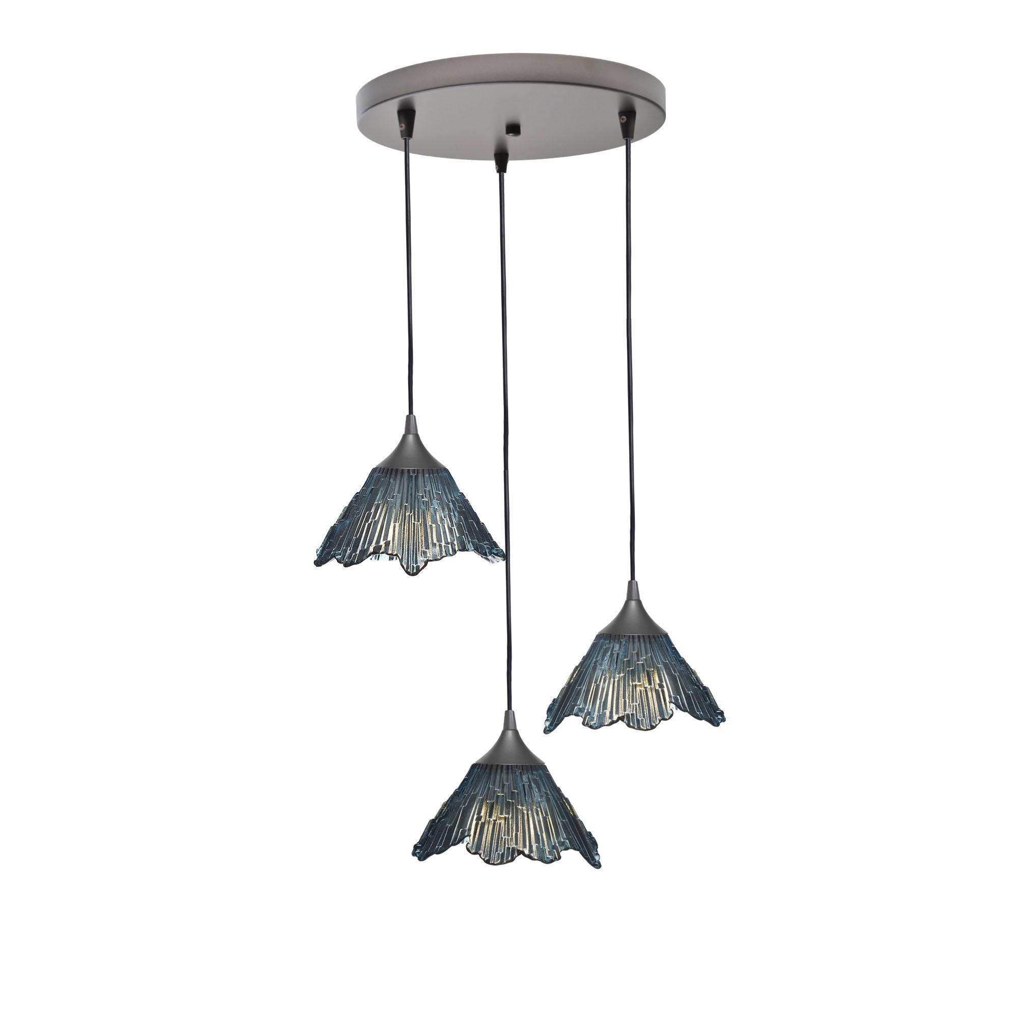 212 3 Pendant Cascade Chandelier-Glass-Bicycle Glass Co - Hotshop-Antique Bronze - 4ft Cord-Slate Gray-Bicycle Glass Co