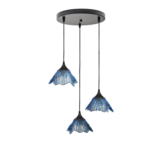 212 3 Pendant Cascade Chandelier-Glass-Bicycle Glass Co - Hotshop-Matte Black - 4ft Cord-Steel Blue-Bicycle Glass Co