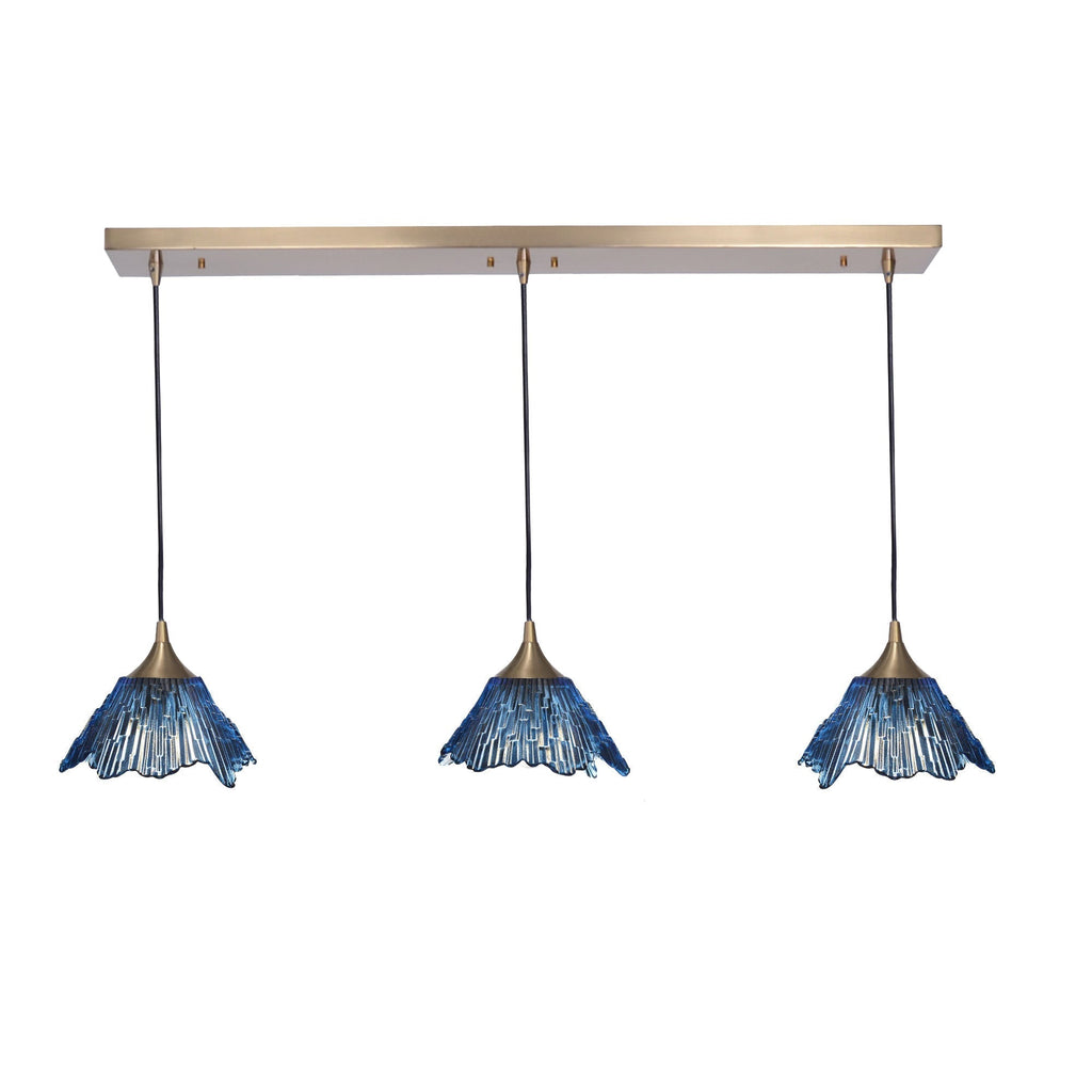 212 3 Pendant Linear Chandelier-Glass-Bicycle Glass Co - Hotshop-Steel Blue-Polished Brass - 4ft Downrod-Bicycle Glass Co