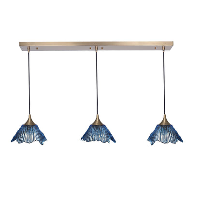 212 3 Pendant Linear Chandelier-Glass-Bicycle Glass Co - Hotshop-Steel Blue-Polished Brass - 4ft Downrod-Bicycle Glass Co