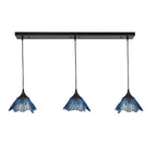 212 3 Pendant Linear Chandelier-Glass-Bicycle Glass Co - Hotshop-Steel Blue-Matte Black - 8ft Downrod-Bicycle Glass Co