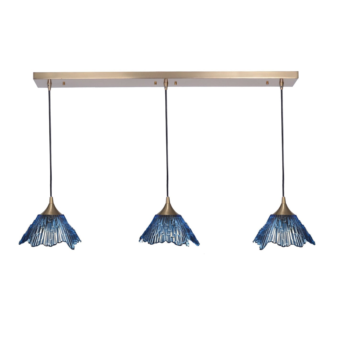 212 3 Pendant Linear Chandelier-Glass-Bicycle Glass Co - Hotshop-Steel Blue-Polished Brass - 4ft Cord-Bicycle Glass Co