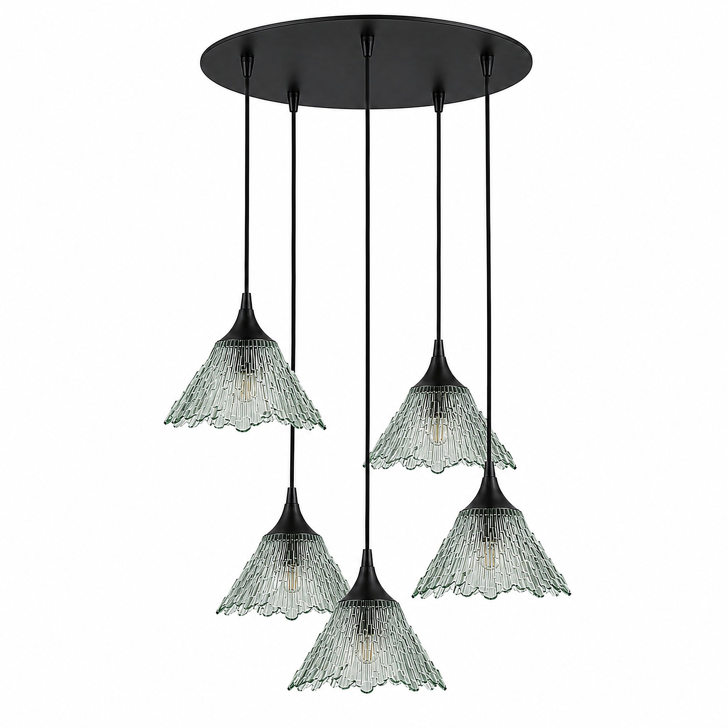 212 5 Pendant Cascade Chandelier-Glass-Bicycle Glass Co-Eco Clear-Matte Black - 4ft Cord-Bicycle Glass Co