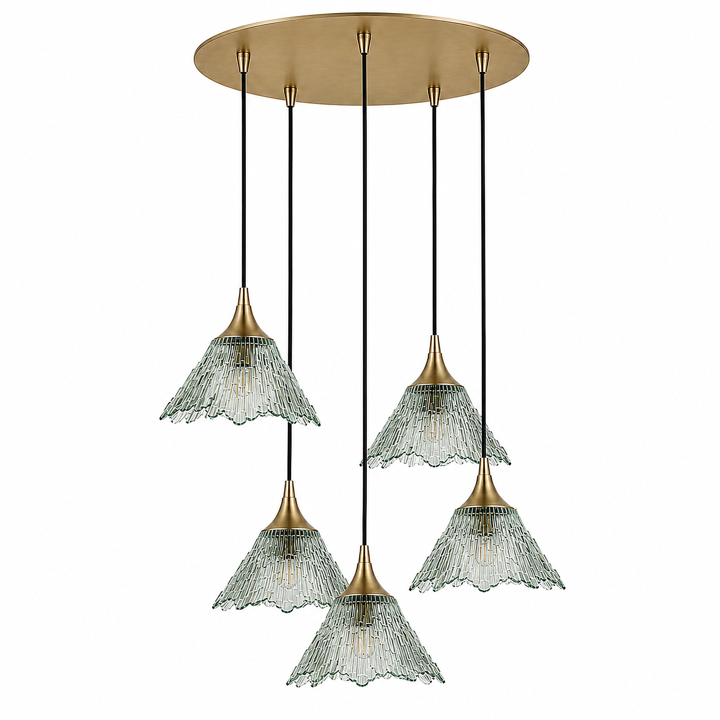 212 5 Pendant Cascade Chandelier-Glass-Bicycle Glass Co-Eco Clear-Polished Brass - 4ft Cord-Bicycle Glass Co