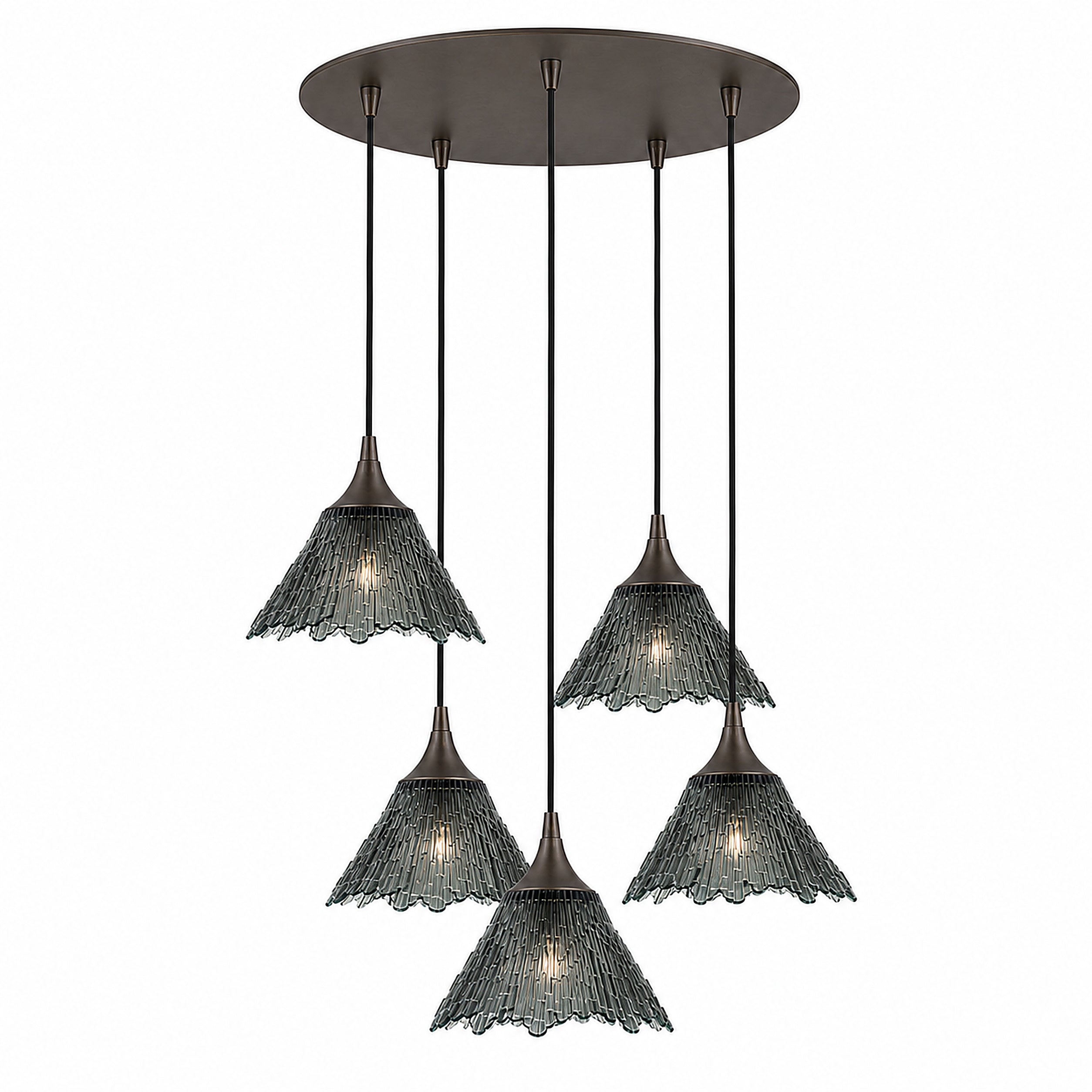 212 5 Pendant Cascade Chandelier-Glass-Bicycle Glass Co-Slate Gray-Antique Bronze - 4ft Cord-Bicycle Glass Co