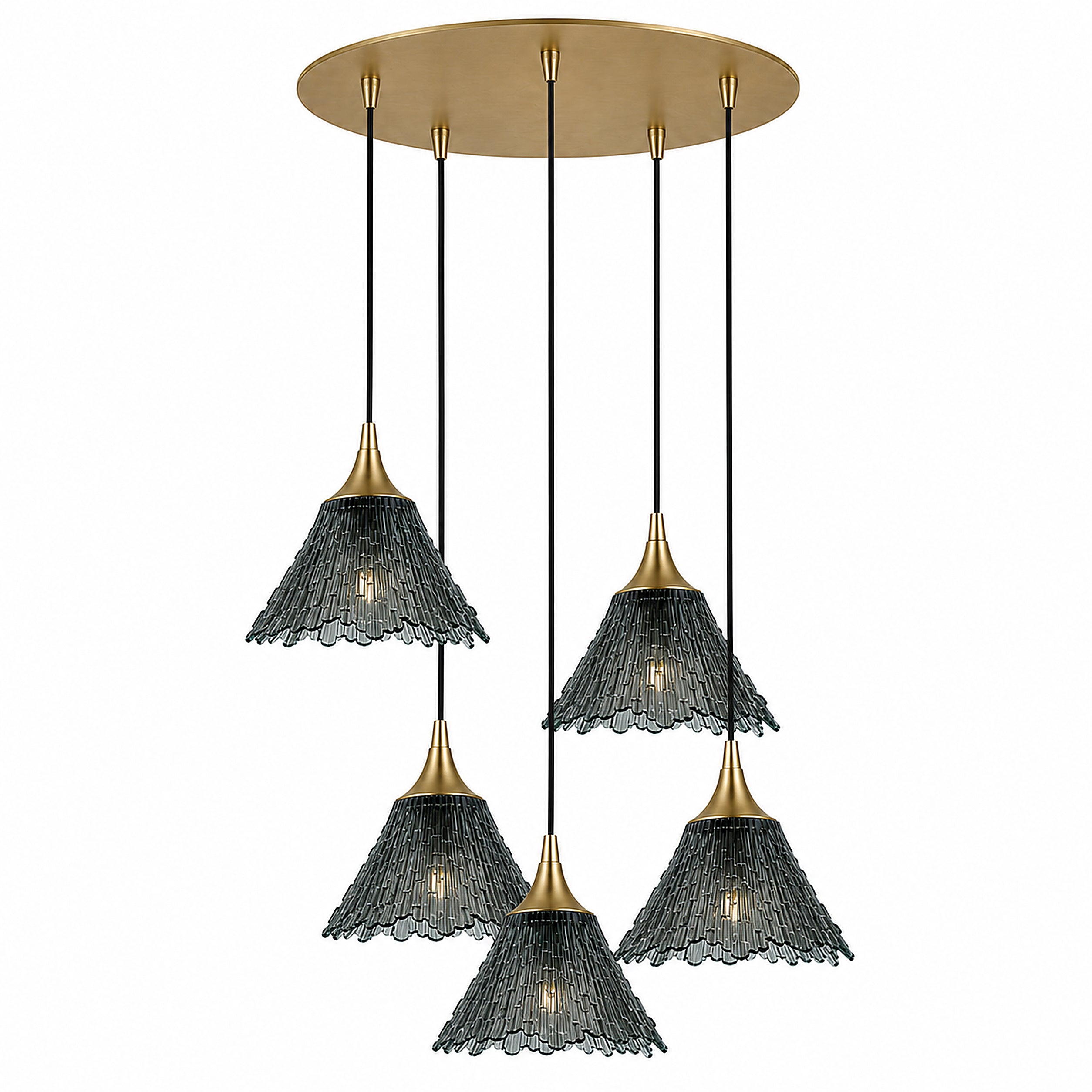 212 5 Pendant Cascade Chandelier-Glass-Bicycle Glass Co-Slate Gray-Polished Brass - 4ft Cord-Bicycle Glass Co