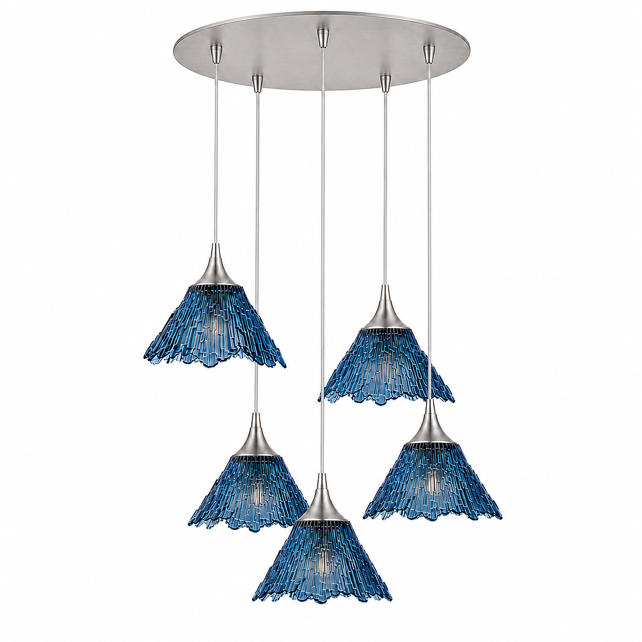 212 5 Pendant Cascade Chandelier-Glass-Bicycle Glass Co-Steel Blue-Brushed Nickel - 4ft Cord-Bicycle Glass Co