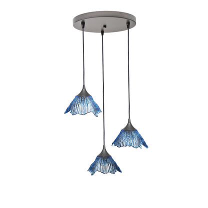 212 Summit: 3 Pendant Cascade Chandelier-Glass-Bicycle Glass Co - Hotshop-Steel Blue-Antique Bronze-Bicycle Glass Co