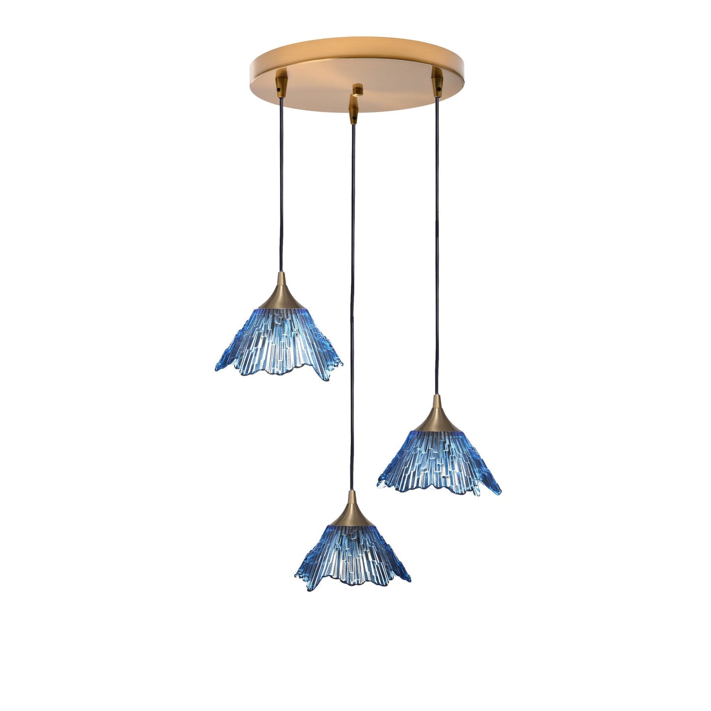 212 Summit: 3 Pendant Cascade Chandelier-Glass-Bicycle Glass Co - Hotshop-Steel Blue-Polished Brass-Bicycle Glass Co