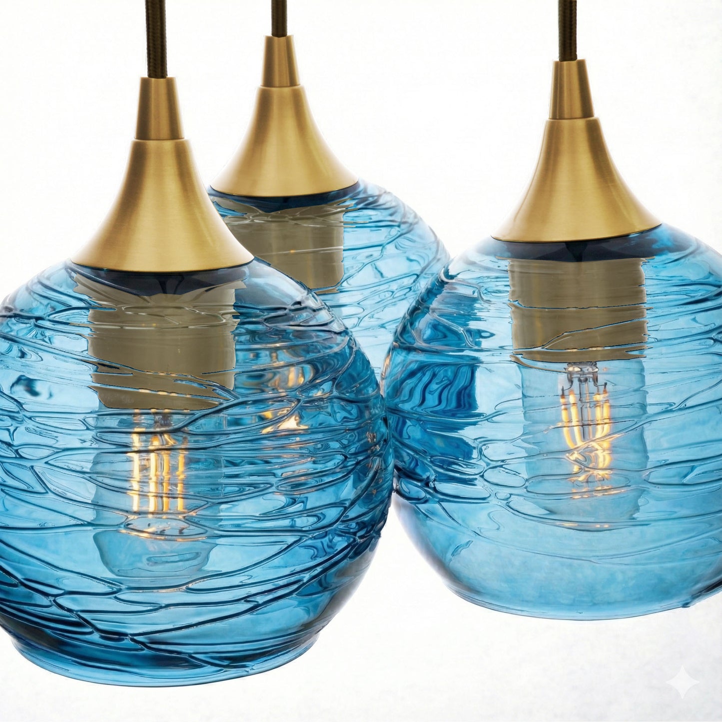 3 Cluster Chandelier: 763 Spun-Glass-Bicycle Glass Co - Hotshop-Steel Blue-Polished Brass-Bicycle Glass Co