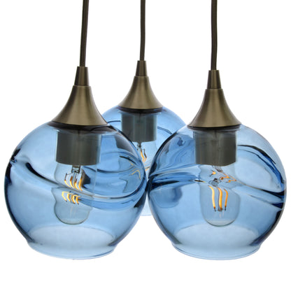 3 Cluster Chandelier: 763 Swell-Glass-Bicycle Glass Co - Hotshop-Steel Blue-Antique Bronze-Bicycle Glass Co