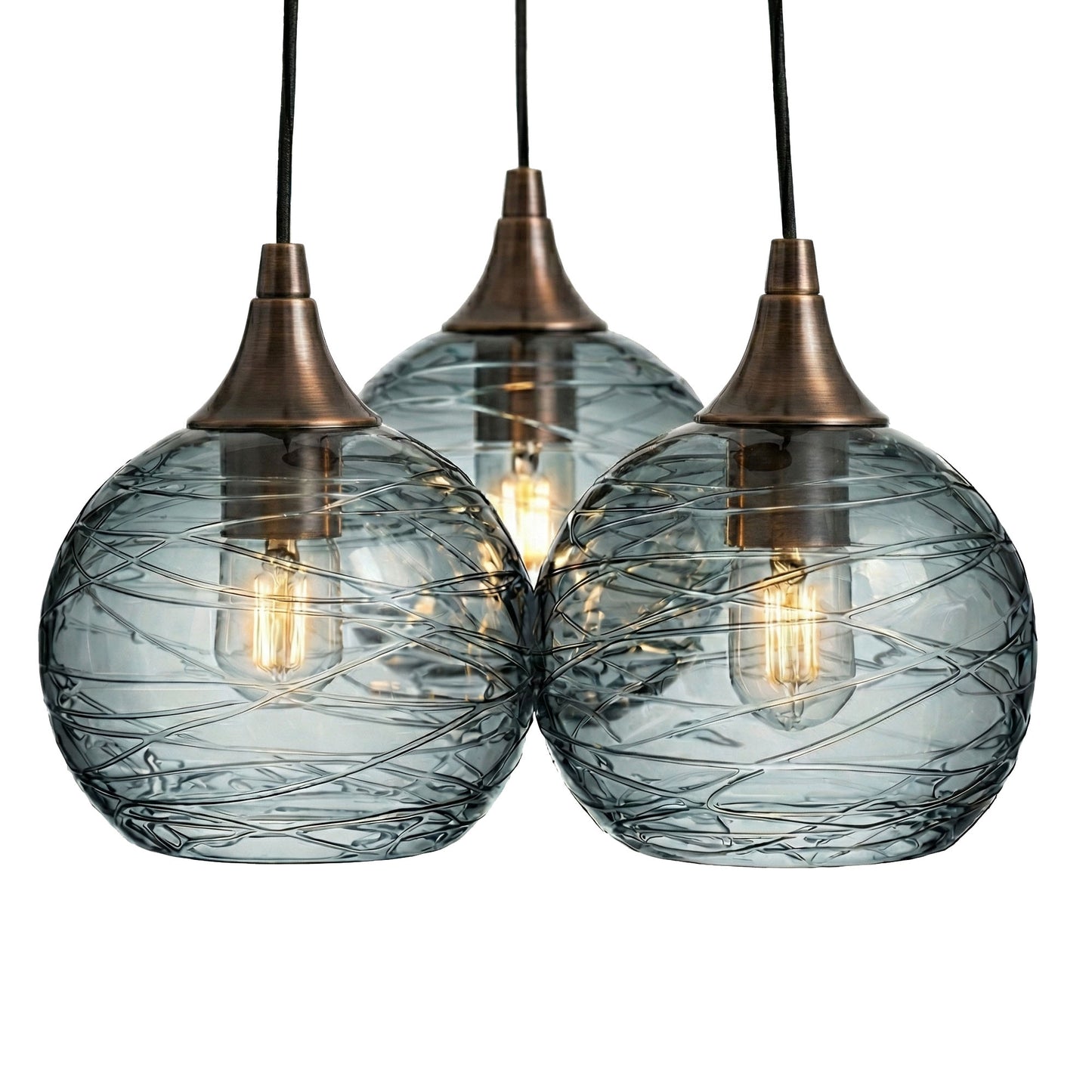 3 Cluster Chandelier: 767 Spun-Glass-Bicycle Glass Co - Hotshop-Slate Gray-Antique Bronze-Bicycle Glass Co
