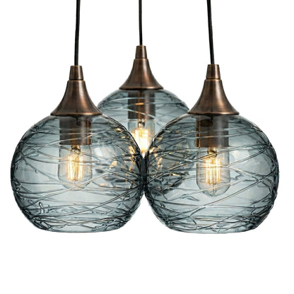 3 Cluster Chandelier: 767 Spun-Glass-Bicycle Glass Co - Hotshop-Slate Gray-Antique Bronze-Bicycle Glass Co