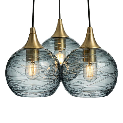3 Cluster Chandelier: 767 Spun-Glass-Bicycle Glass Co - Hotshop-Slate Gray-Polished Brass-Bicycle Glass Co