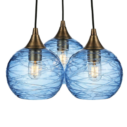 3 Cluster Chandelier: 767 Spun-Glass-Bicycle Glass Co - Hotshop-Steel Blue-Antique Bronze-Bicycle Glass Co