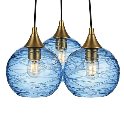 3 Cluster Chandelier: 767 Spun-Glass-Bicycle Glass Co - Hotshop-Steel Blue-Polished Brass-Bicycle Glass Co