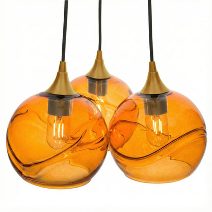 767 Swell: 3 Pendant Cluster Chandelier-Glass-Bicycle Glass Co - Hotshop-Golden Amber-Polished Brass-Bicycle Glass Co