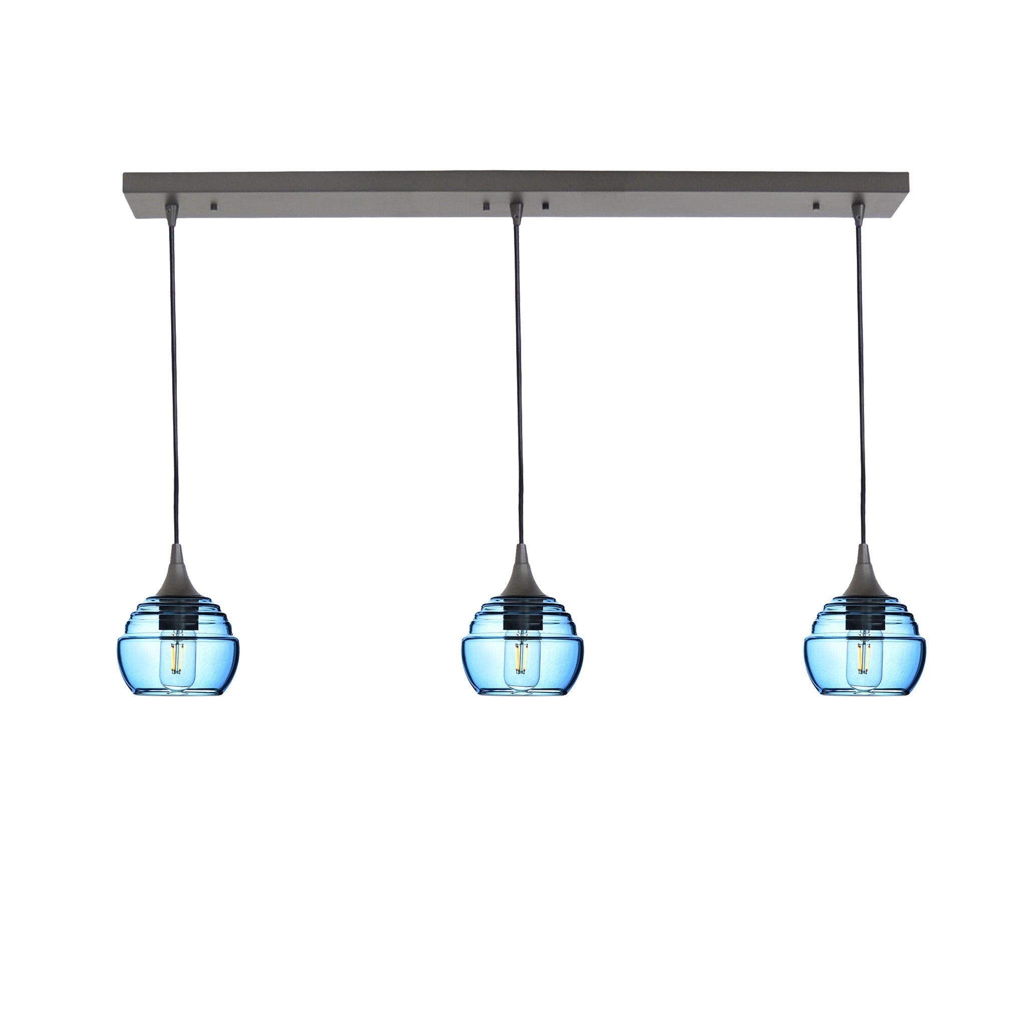 301 3 Pendant Linear Chandelier-Glass-Bicycle Glass Co - Hotshop-Antique Bronze - Custom-Steel Blue-Bicycle Glass Co