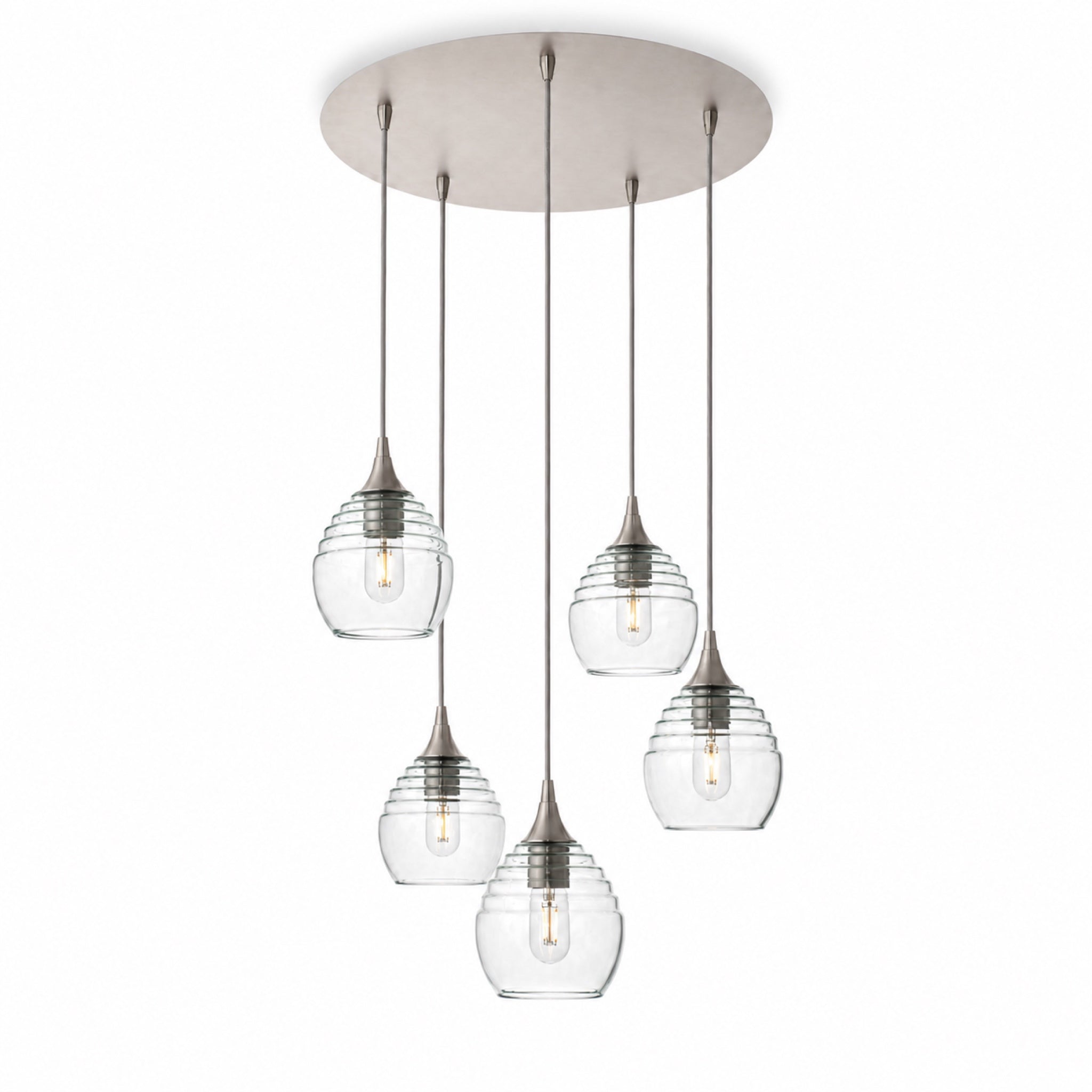 301 5 Pendant Cascade Chandelier-Glass-Bicycle Glass Co-Eco Clear-Brushed Nickel - 4ft Cord-Bicycle Glass Co
