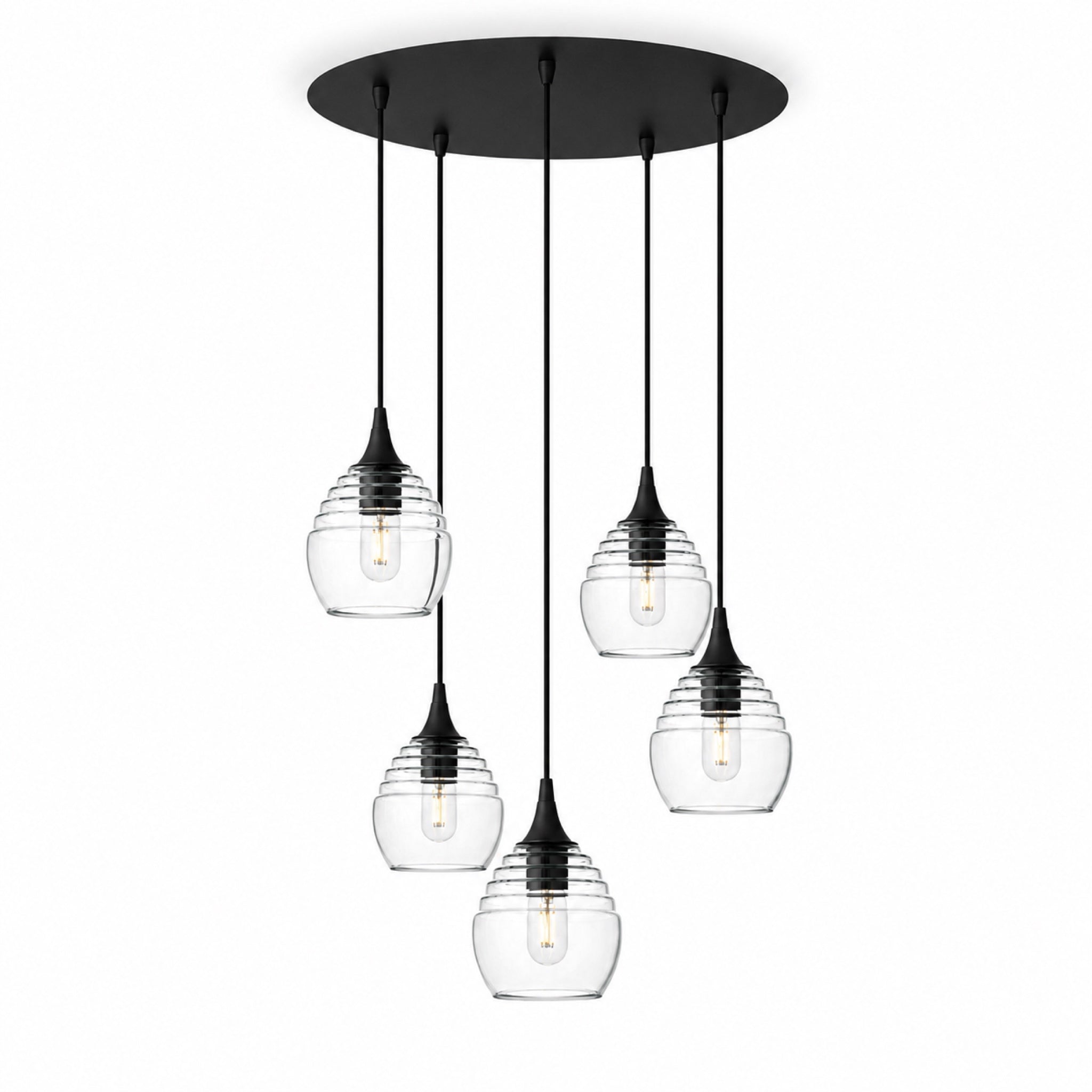 301 5 Pendant Cascade Chandelier-Glass-Bicycle Glass Co-Eco Clear-Matte Black - 4ft Cord-Bicycle Glass Co