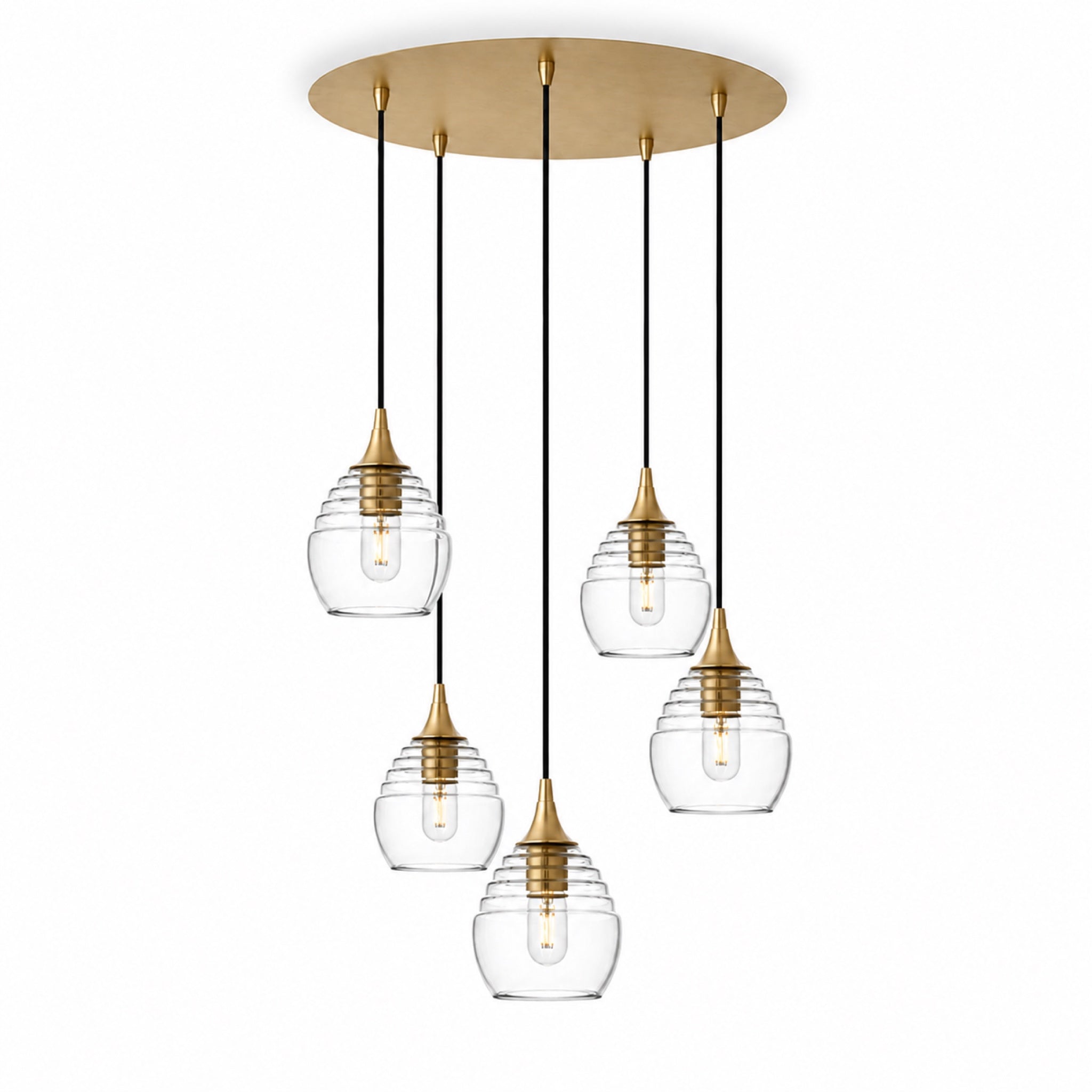 301 5 Pendant Cascade Chandelier-Glass-Bicycle Glass Co-Eco Clear-Polished Brass - 4ft Cord-Bicycle Glass Co