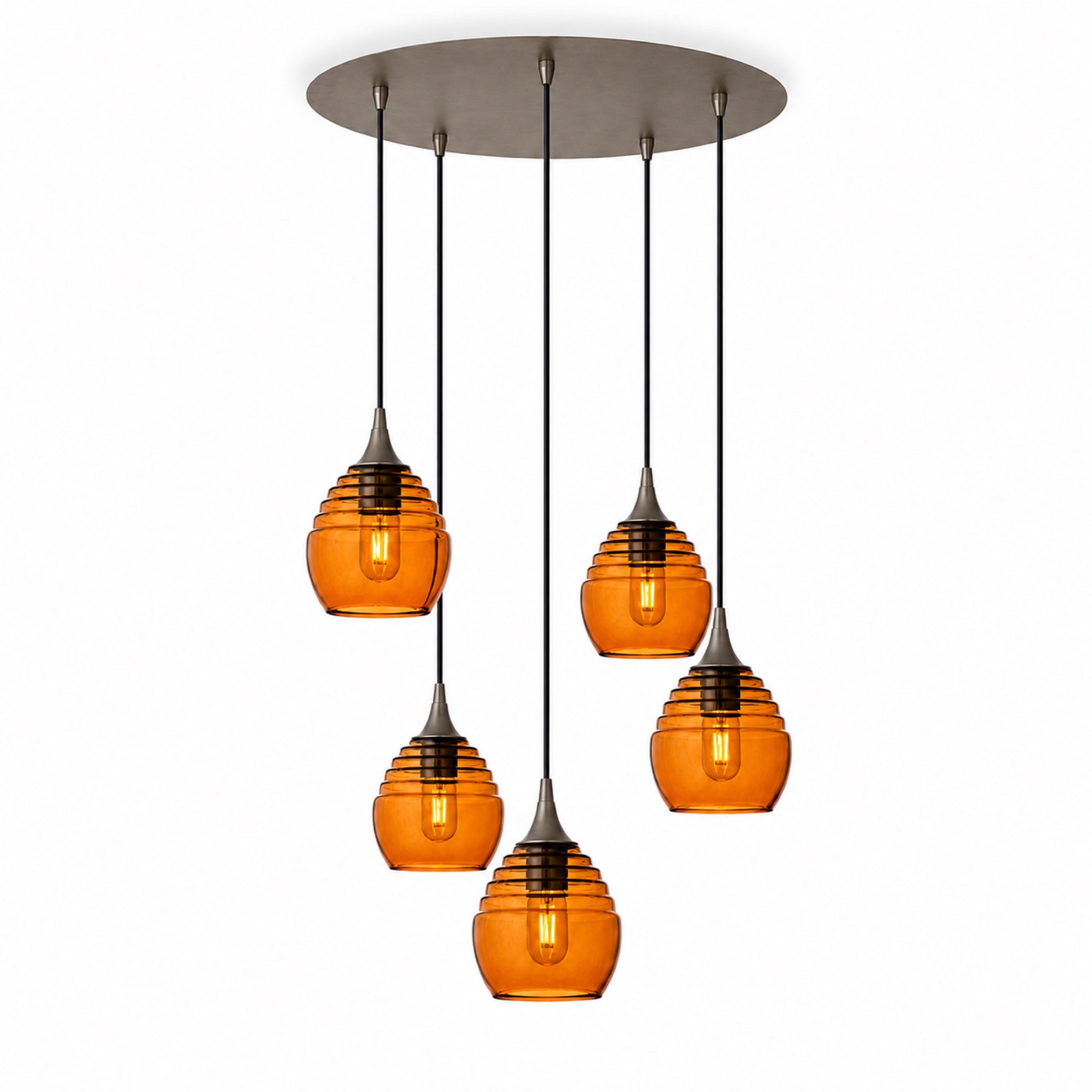 301 5 Pendant Cascade Chandelier-Glass-Bicycle Glass Co-Golden Amber-Antique Bronze - 4ft Cord-Bicycle Glass Co