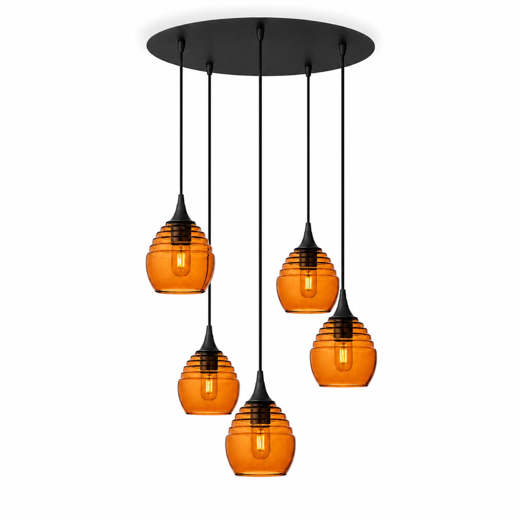 301 5 Pendant Cascade Chandelier-Glass-Bicycle Glass Co-Golden Amber-Matte Black - 4ft Cord-Bicycle Glass Co