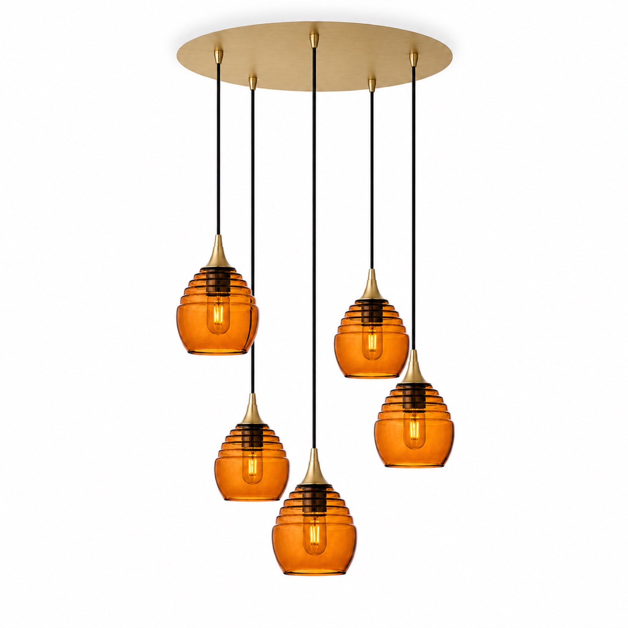301 5 Pendant Cascade Chandelier-Glass-Bicycle Glass Co-Golden Amber-Polished Brass - 4ft Cord-Bicycle Glass Co