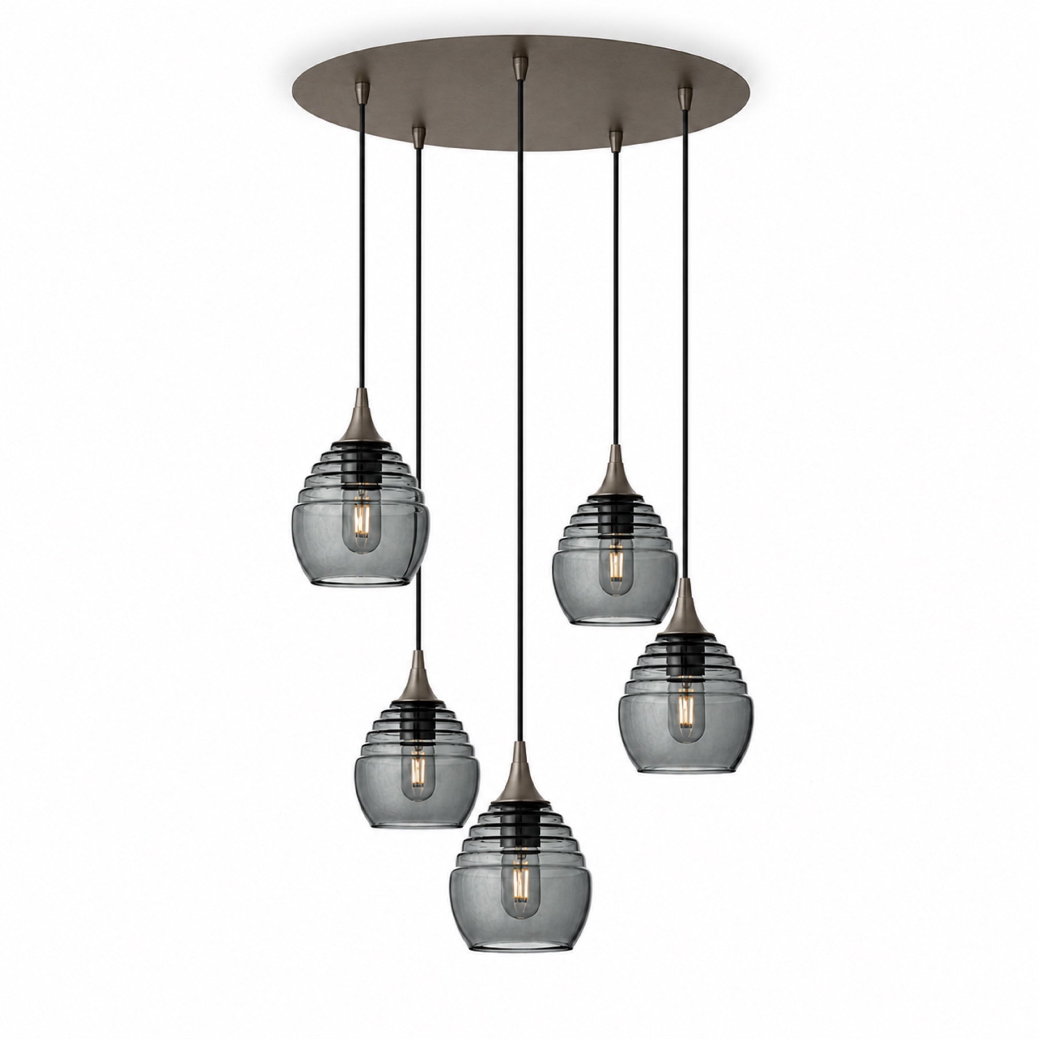 301 5 Pendant Cascade Chandelier-Glass-Bicycle Glass Co-Slate Gray-Antique Bronze - 4ft Cord-Bicycle Glass Co