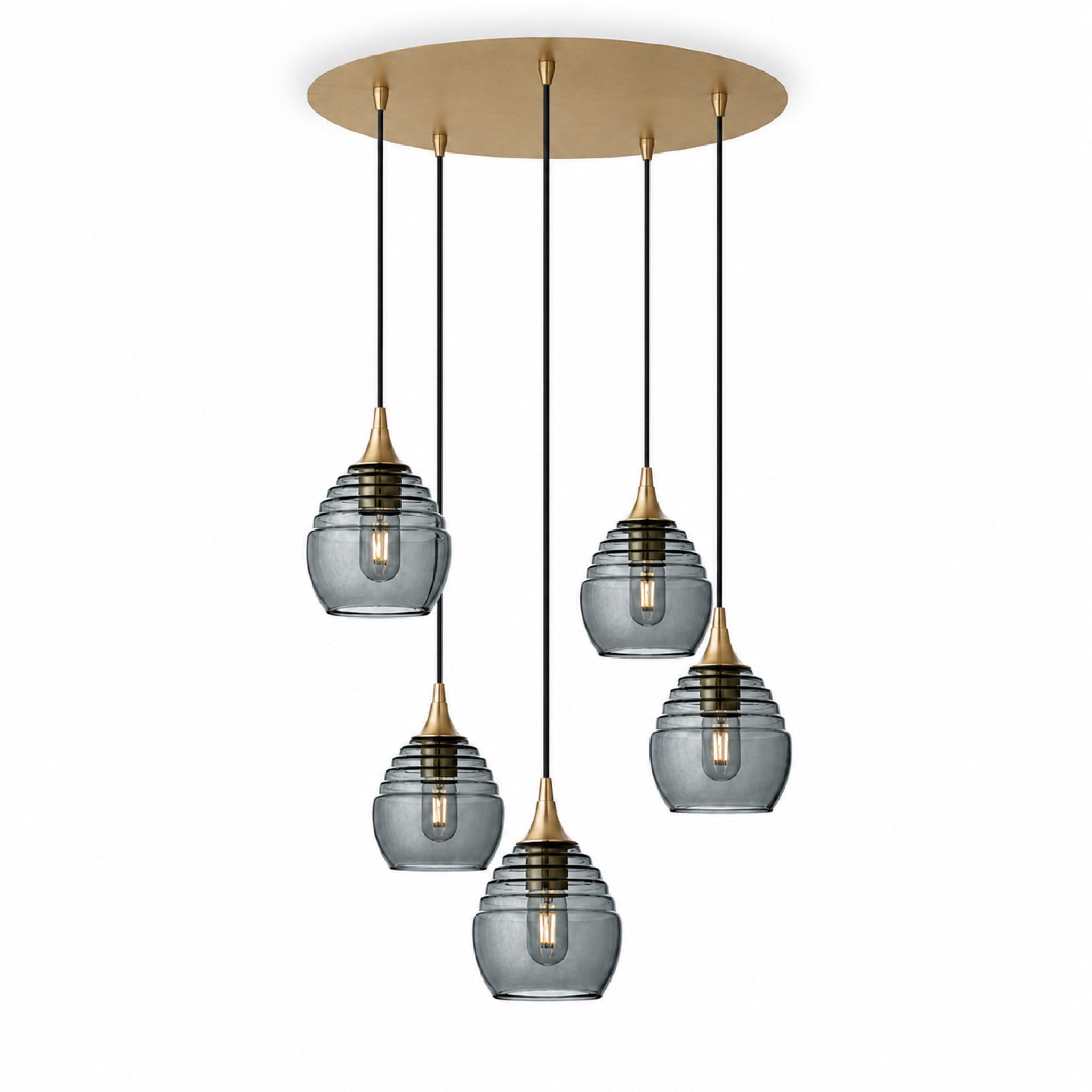 301 5 Pendant Cascade Chandelier-Glass-Bicycle Glass Co-Slate Gray-Polished Brass - 4ft Cord-Bicycle Glass Co