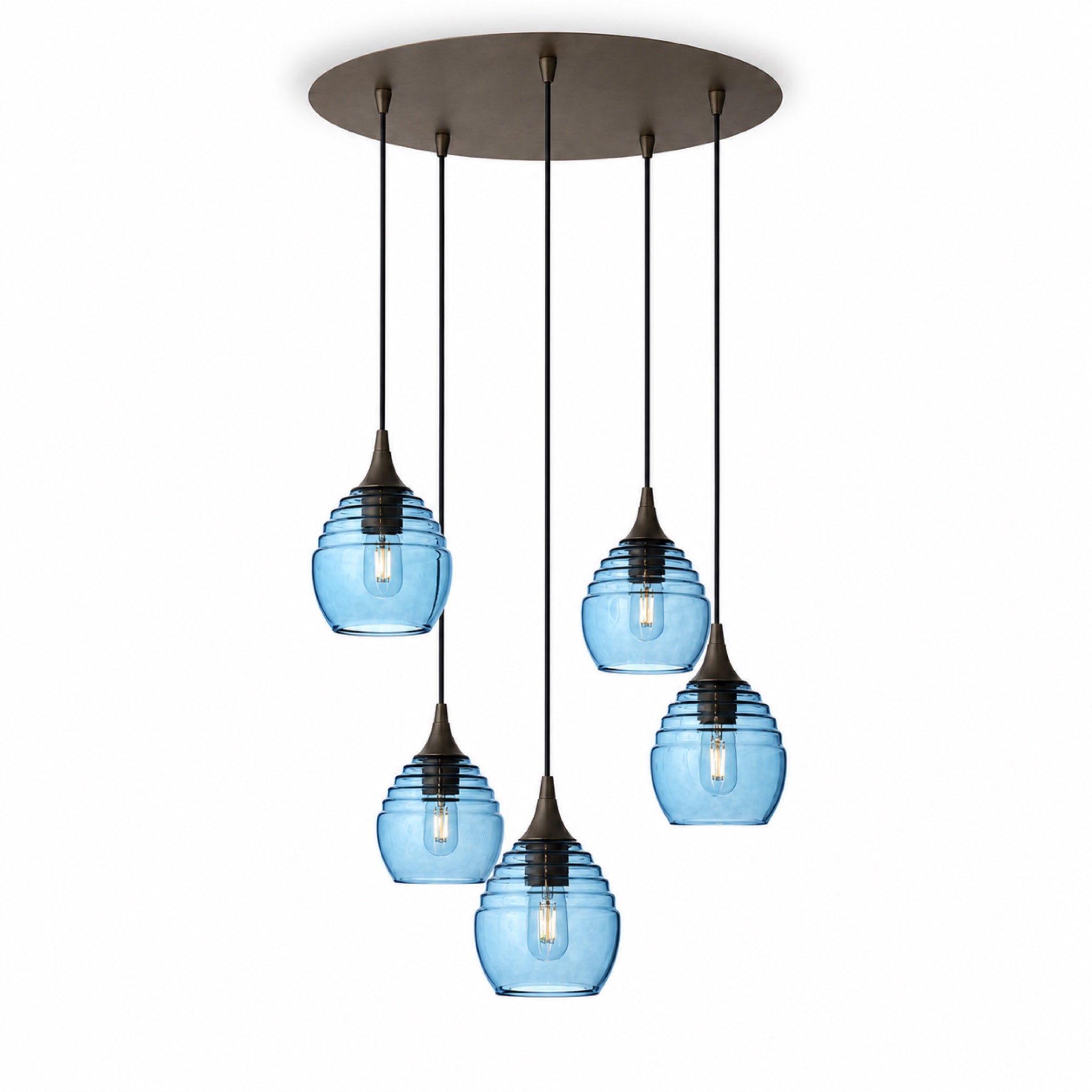 301 5 Pendant Cascade Chandelier-Glass-Bicycle Glass Co-Steel Blue-Antique Bronze - 4ft Cord-Bicycle Glass Co