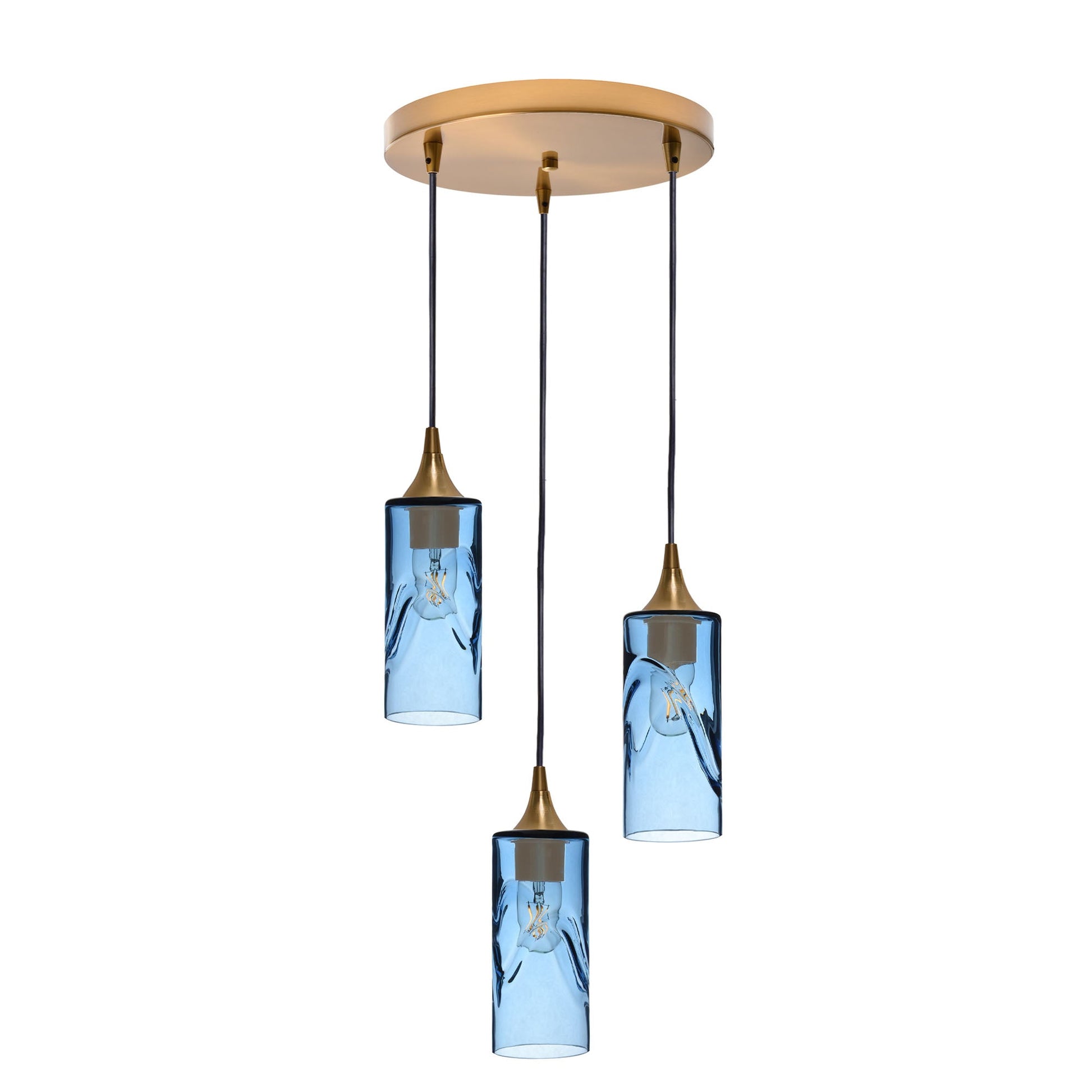513 3 Pendant Cascade Chandelier-Glass-Bicycle Glass Co - Hotshop-Polished Brass - 8ft Downrod-Swell-Steel Blue-Bicycle Glass Co