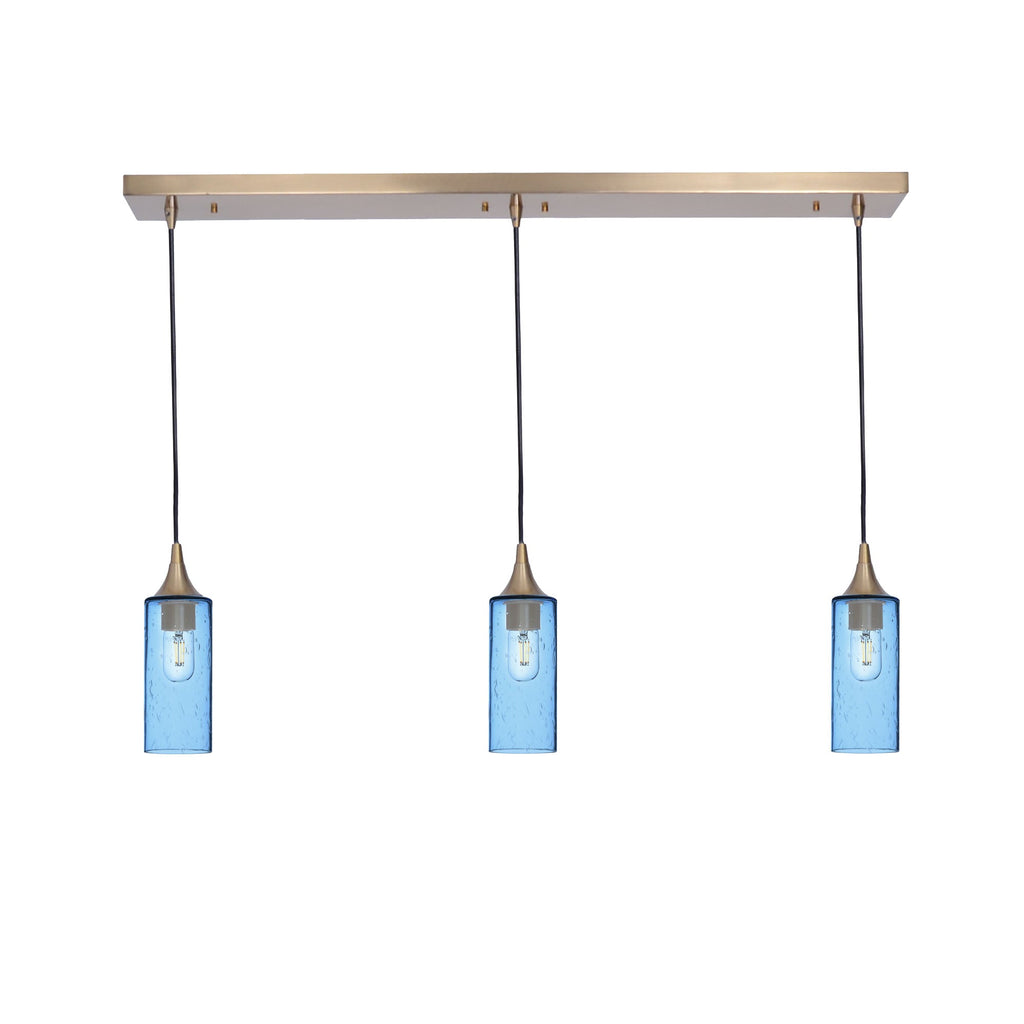 513 3 Pendant Linear Chandelier-Glass-Bicycle Glass Co - Hotshop-Polished Brass - 8ft Downrod-Lunar-Steel Blue-Bicycle Glass Co