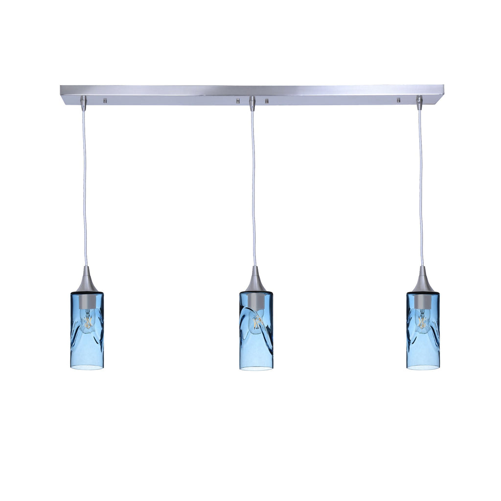 513 3 Pendant Linear Chandelier-Glass-Bicycle Glass Co - Hotshop-Brushed Nickel - 4ft Downrod-Swell-Steel Blue-Bicycle Glass Co