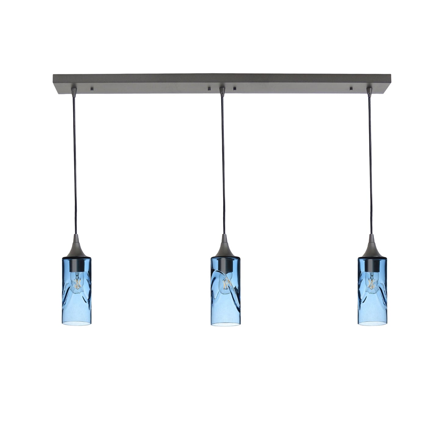 513 3 Pendant Linear Chandelier-Glass-Bicycle Glass Co - Hotshop-Antique Bronze - 4ft Downrod-Swell-Steel Blue-Bicycle Glass Co