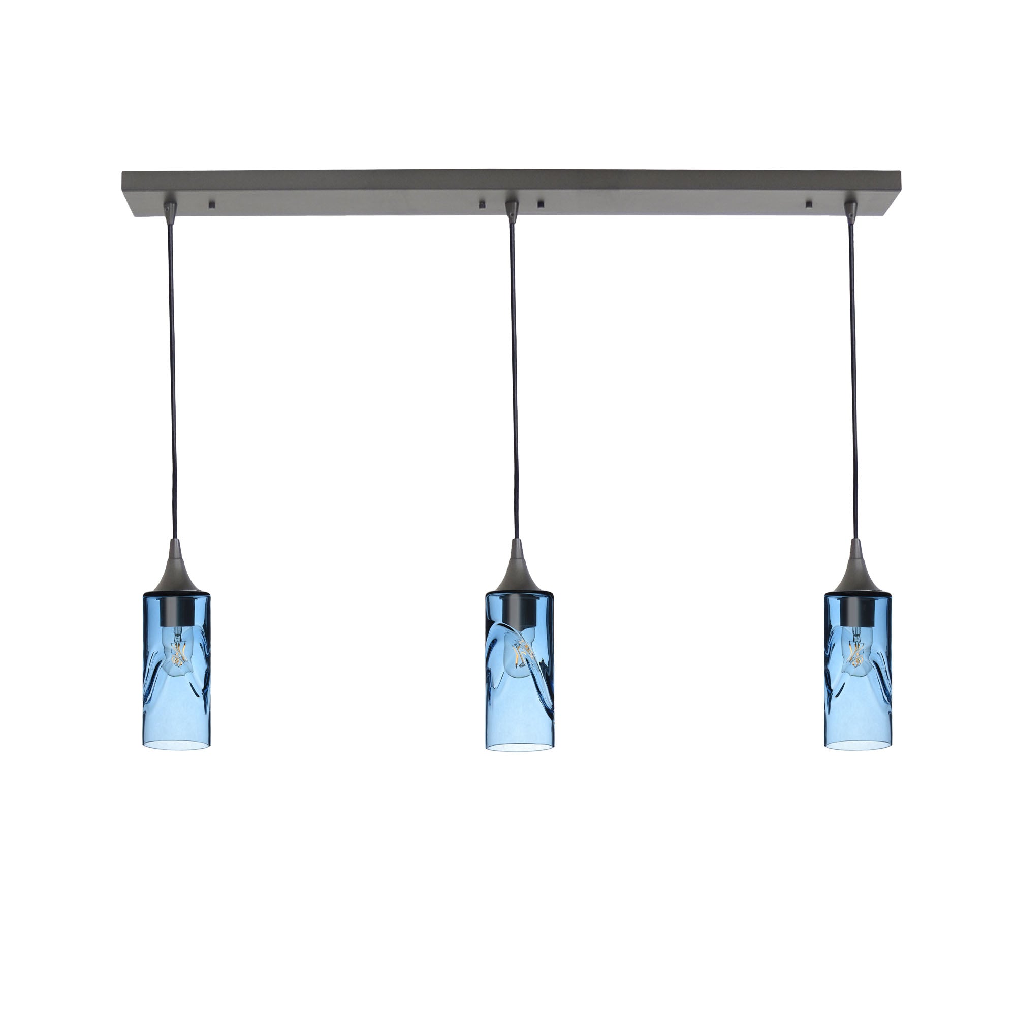 513 3 Pendant Linear Chandelier-Glass-Bicycle Glass Co - Hotshop-Antique Bronze - 4ft Downrod-Swell-Steel Blue-Bicycle Glass Co