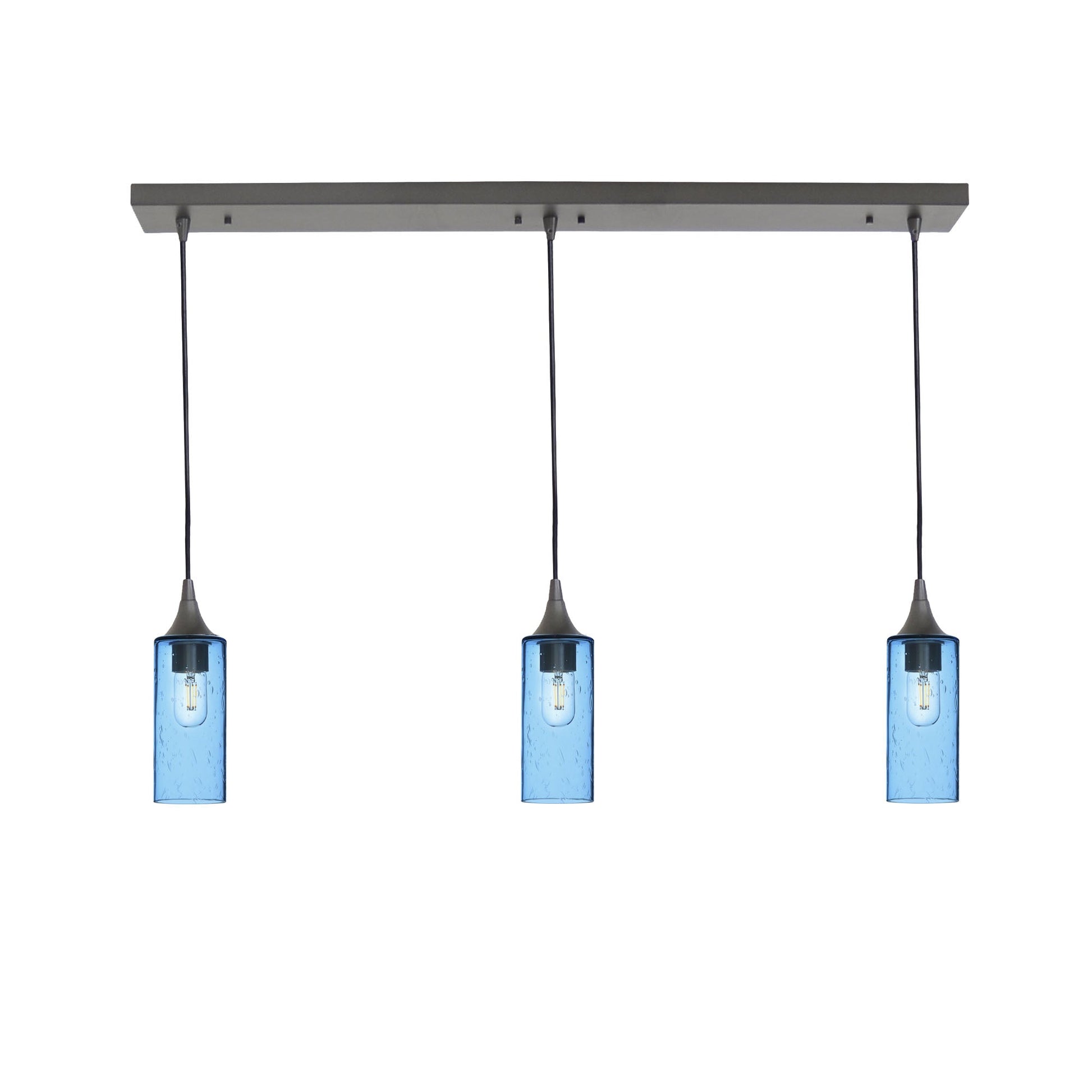513 3 Pendant Linear Chandelier-Glass-Bicycle Glass Co - Hotshop-Antique Bronze - 8ft Downrod-Lunar-Steel Blue-Bicycle Glass Co