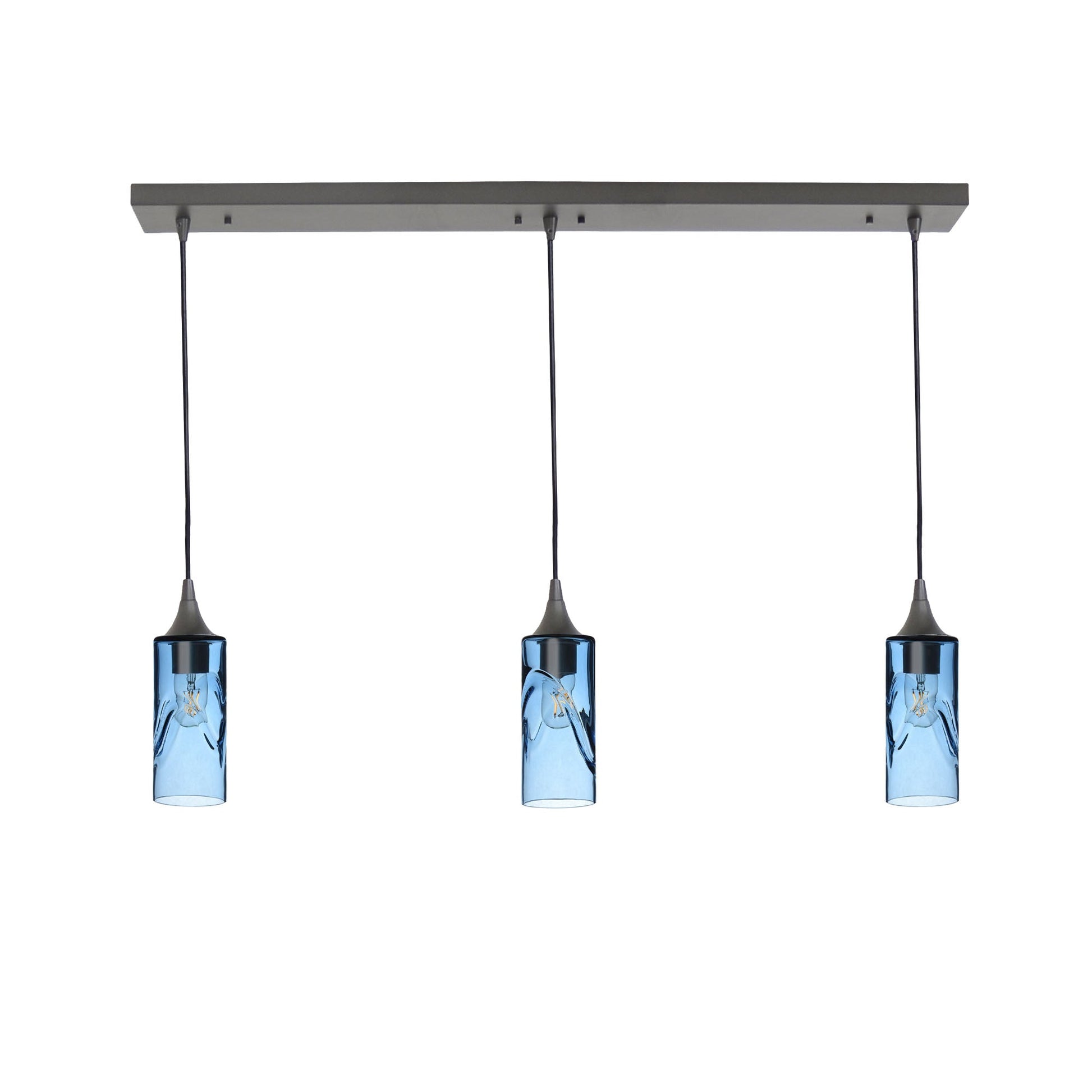 513 3 Pendant Linear Chandelier-Glass-Bicycle Glass Co - Hotshop-Antique Bronze - 8ft Downrod-Swell-Steel Blue-Bicycle Glass Co