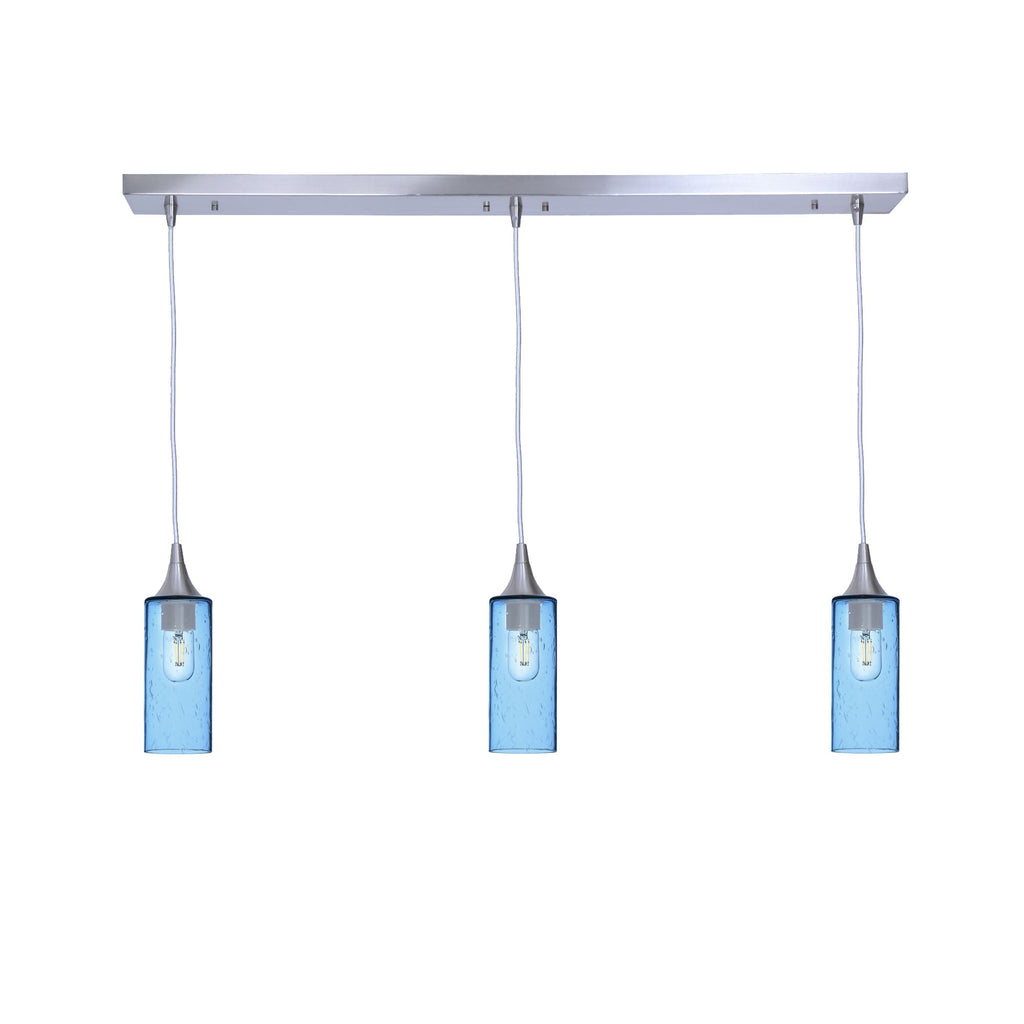 513 3 Pendant Linear Chandelier-Glass-Bicycle Glass Co - Hotshop-Brushed Nickel - 4ft Cord-Lunar-Steel Blue-Bicycle Glass Co