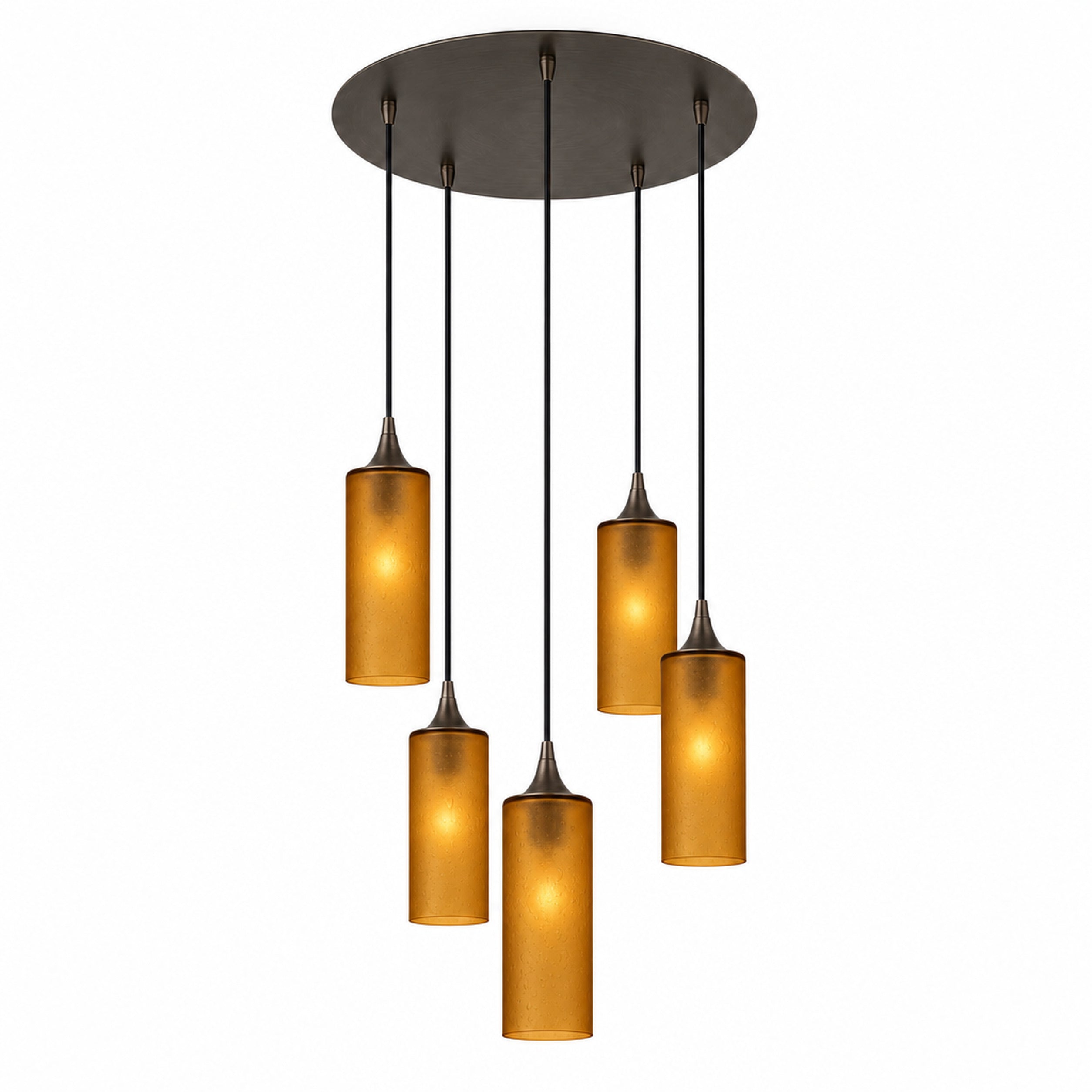 513 5 Pendant Cascade Chandelier-Glass-Bicycle Glass Co-Celestial-Golden Amber-Antique Bronze - 4ft Cord-Bicycle Glass Co