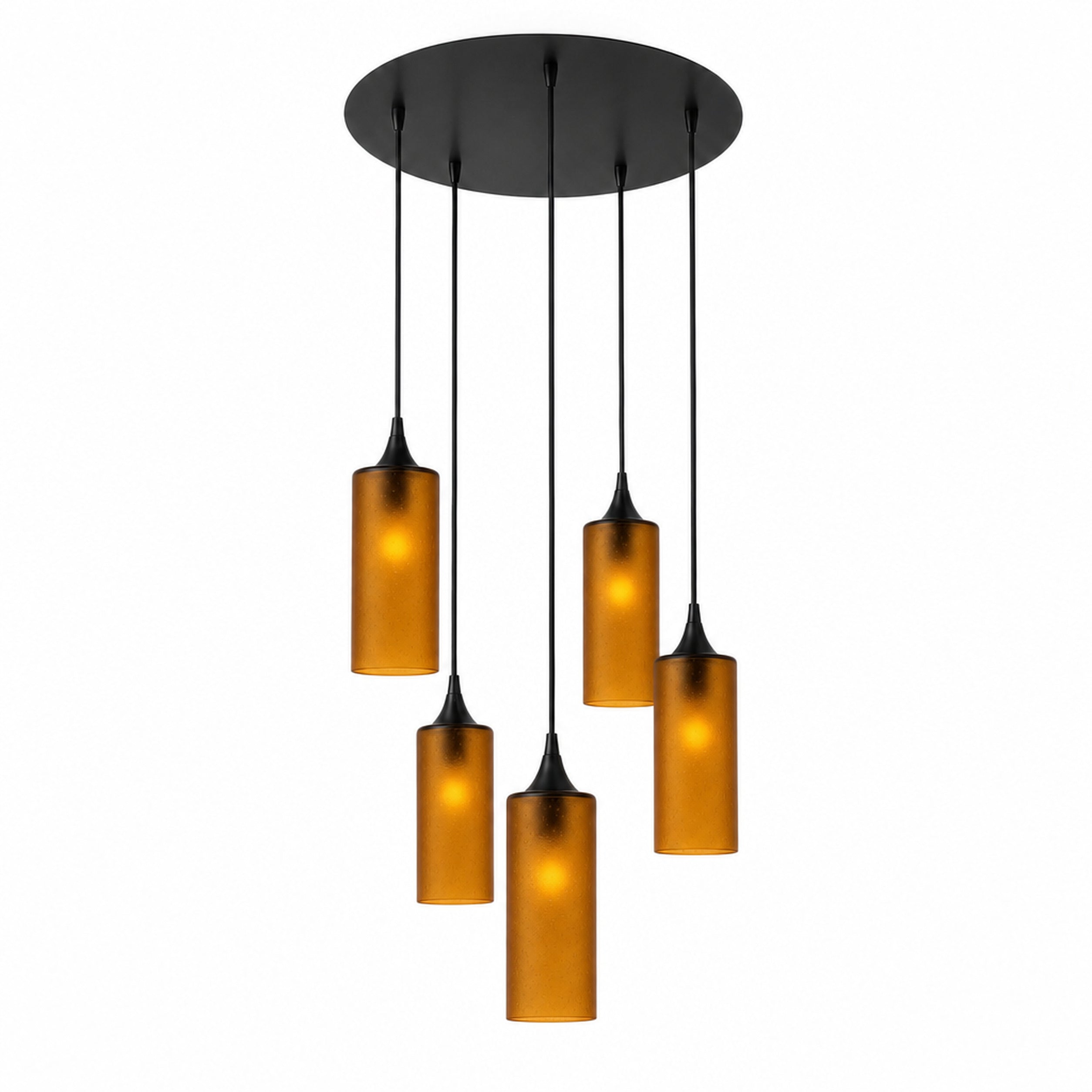 513 5 Pendant Cascade Chandelier-Glass-Bicycle Glass Co-Celestial-Golden Amber-Matte Black - 4ft Cord-Bicycle Glass Co