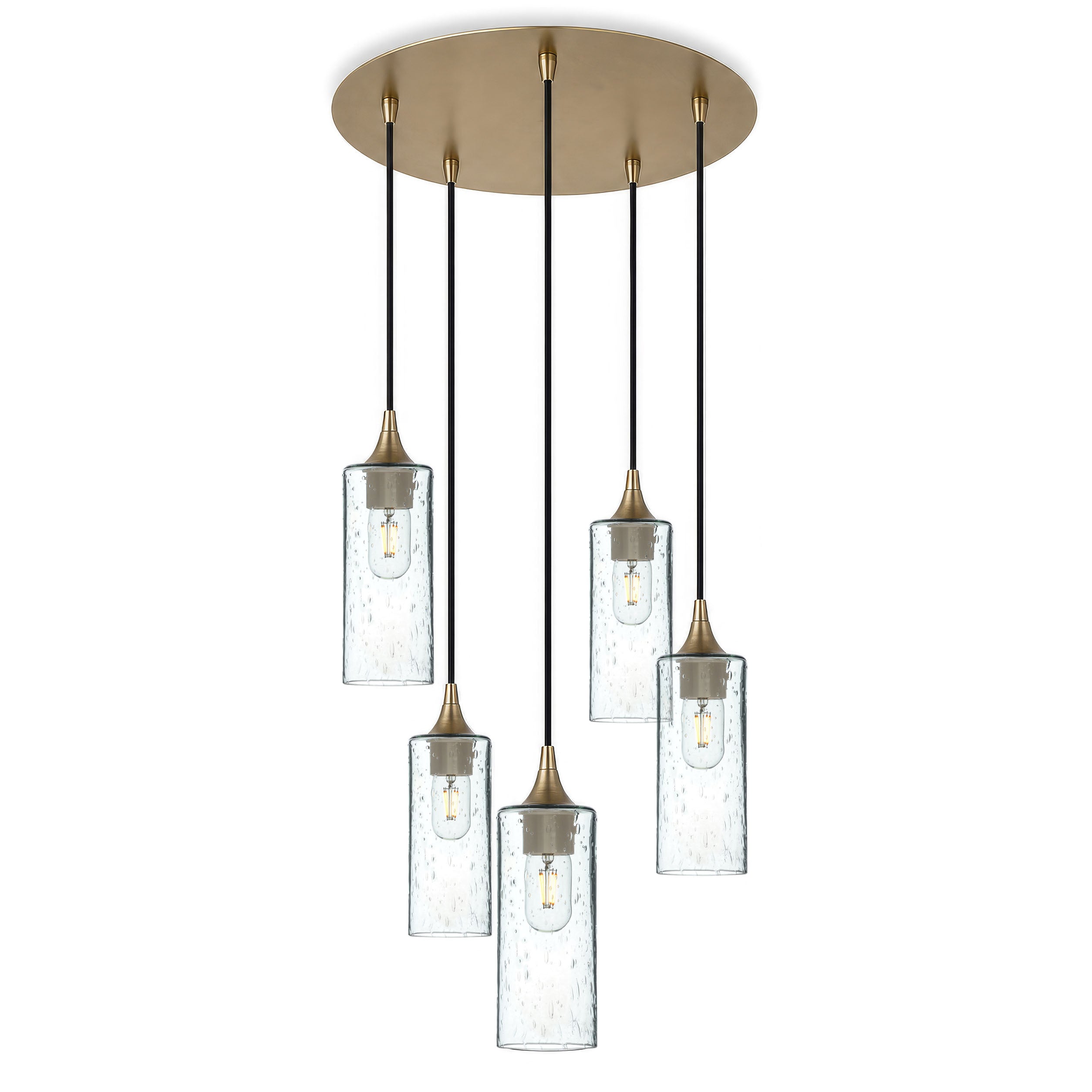513 5 Pendant Cascade Chandelier-Glass-Bicycle Glass Co-Lunar-Eco Clear-Polished Brass - 4ft Cord-Bicycle Glass Co