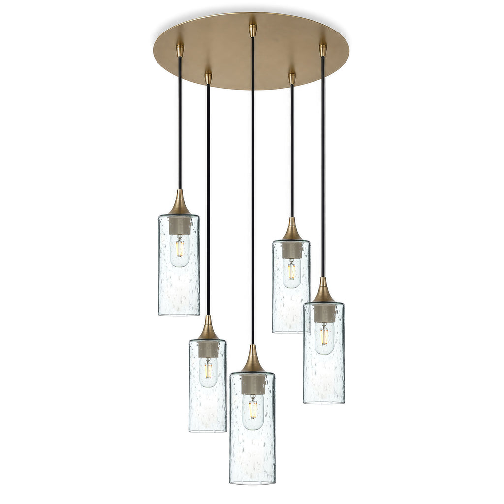 513 5 Pendant Cascade Chandelier-Glass-Bicycle Glass Co-Lunar-Eco Clear-Polished Brass - 4ft Cord-Bicycle Glass Co