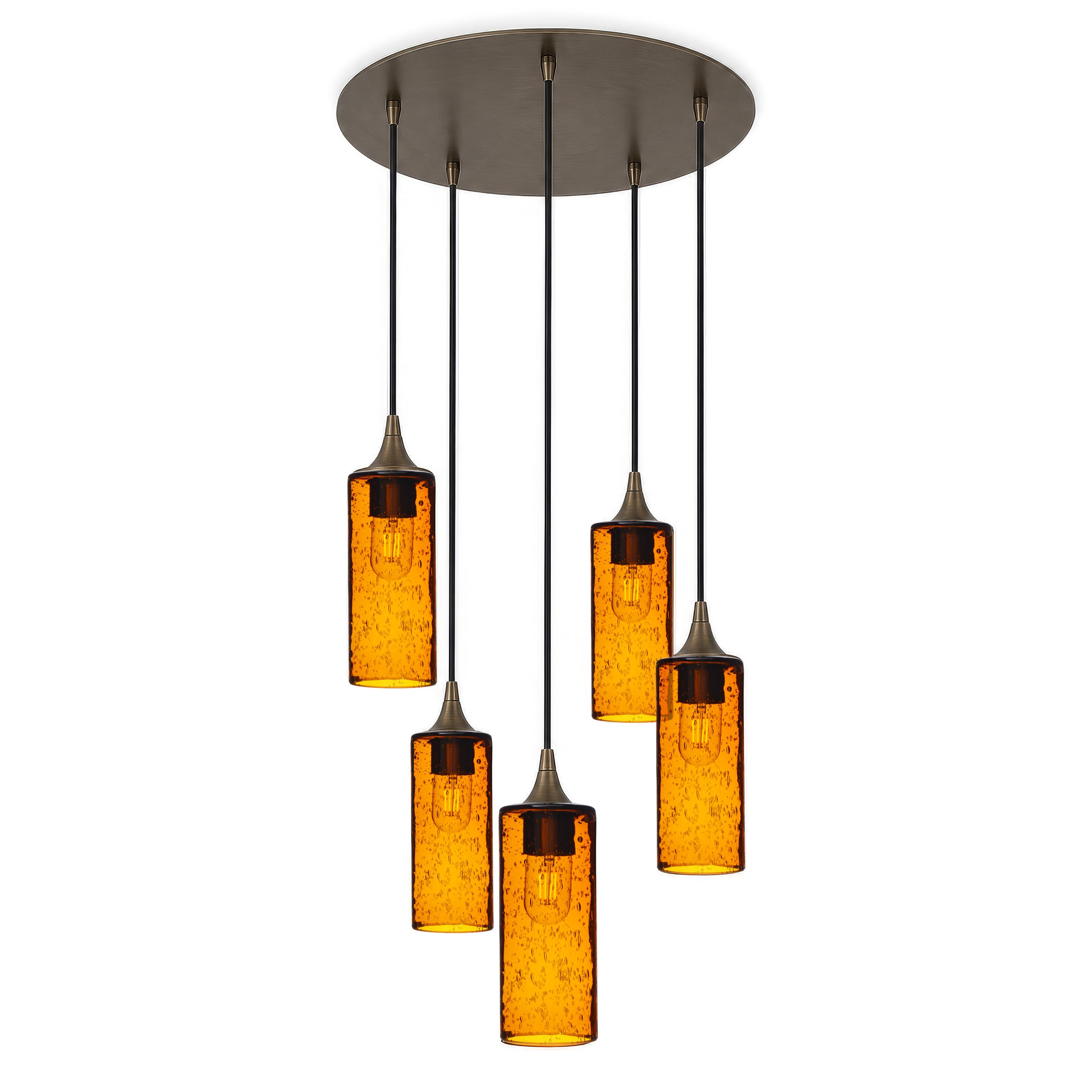 513 5 Pendant Cascade Chandelier-Glass-Bicycle Glass Co-Lunar-Golden Amber-Antique Bronze - 4ft Cord-Bicycle Glass Co