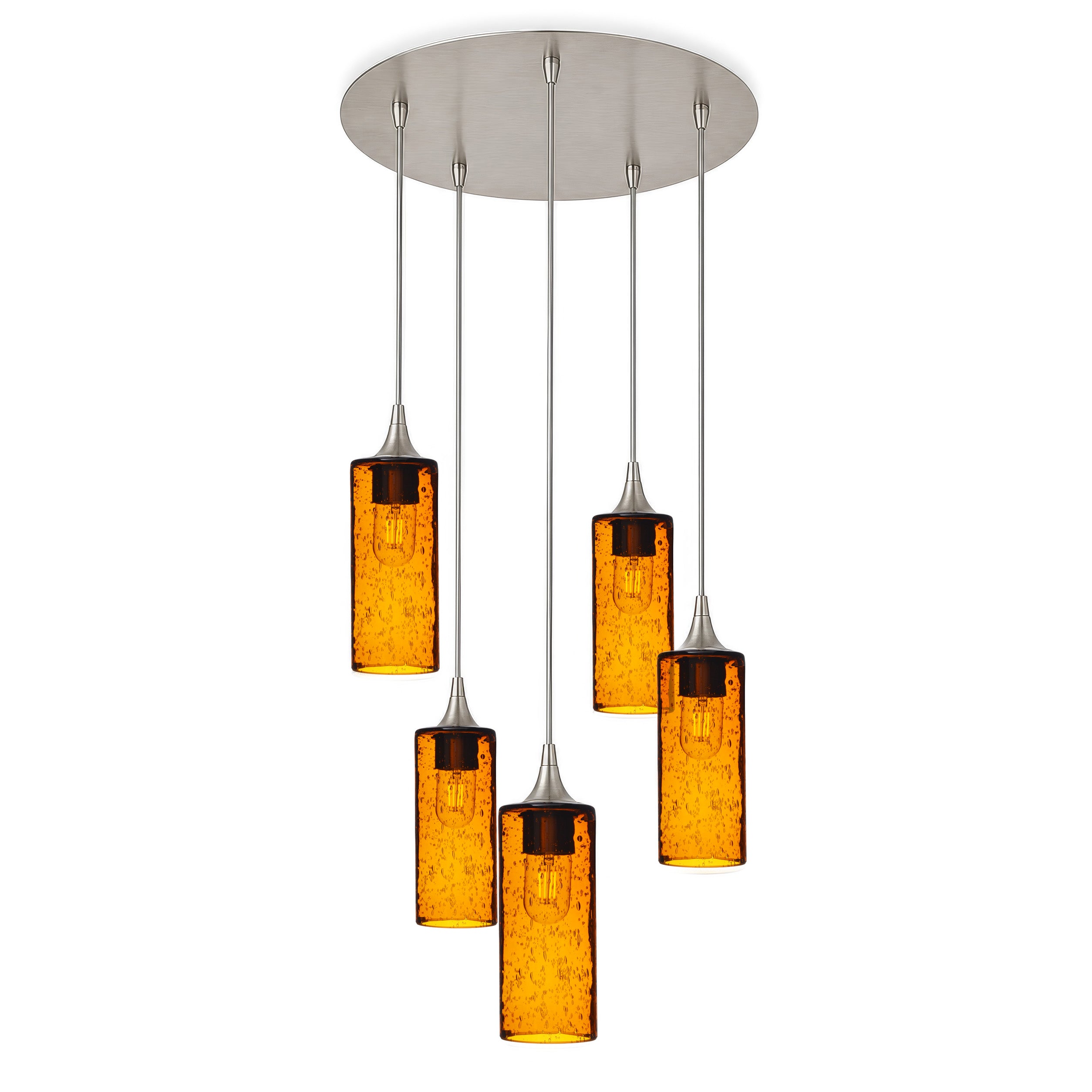 513 5 Pendant Cascade Chandelier-Glass-Bicycle Glass Co-Lunar-Golden Amber-Brushed Nickel - 4ft Cord-Bicycle Glass Co