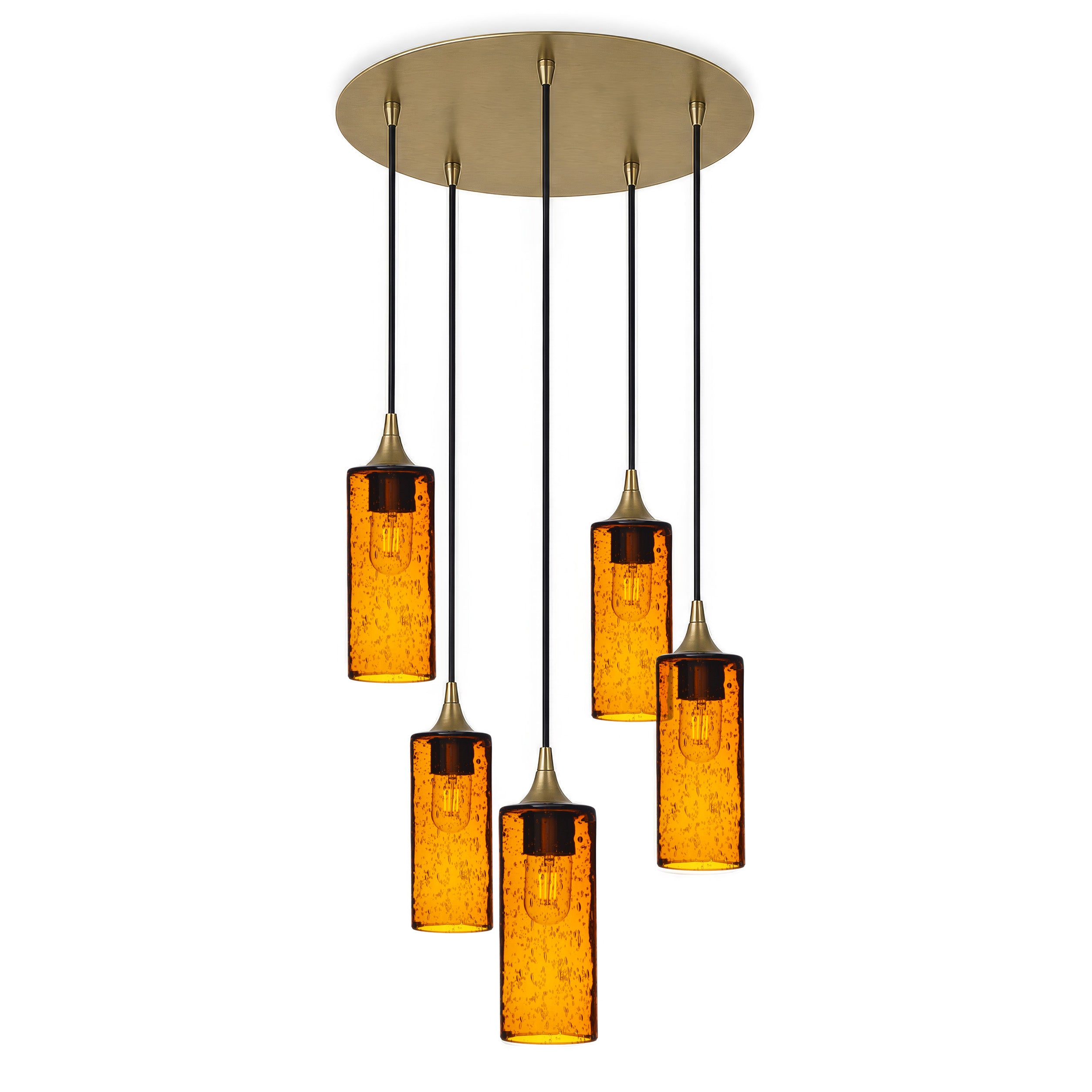 513 5 Pendant Cascade Chandelier-Glass-Bicycle Glass Co-Lunar-Golden Amber-Polished Brass - 4ft Cord-Bicycle Glass Co