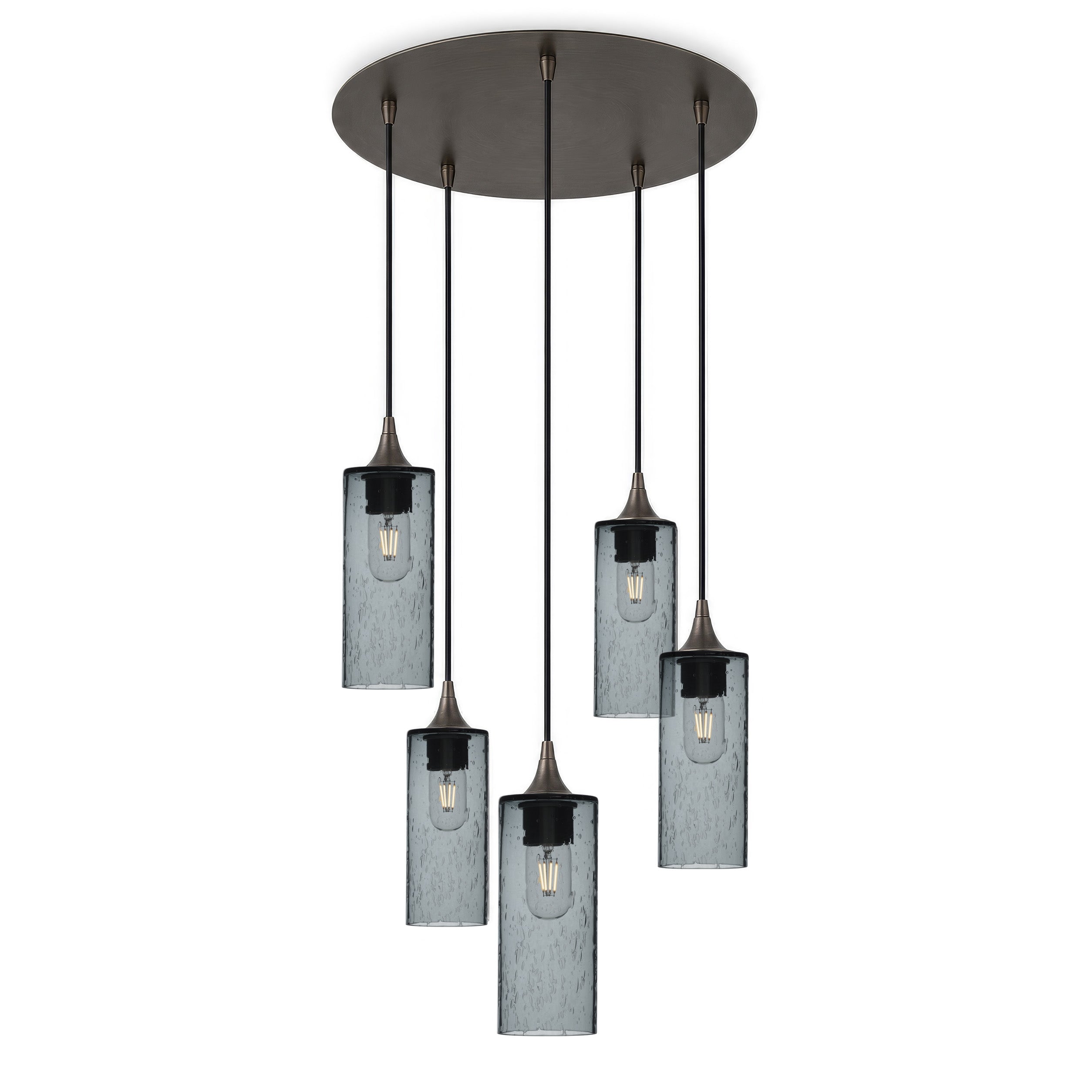 513 5 Pendant Cascade Chandelier-Glass-Bicycle Glass Co-Lunar-Slate Gray-Antique Bronze - 4ft Cord-Bicycle Glass Co